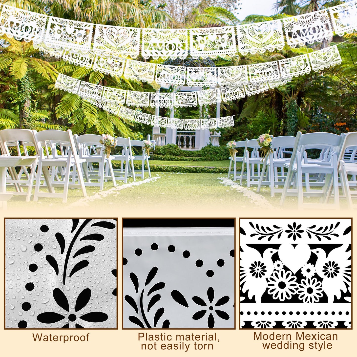 TaoBary 6 Pack White Papel Picado Banner — 118 in Mexican Wedding Decor