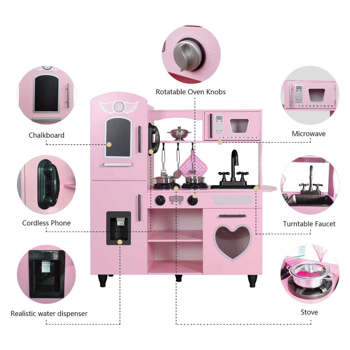 TaoHFE Play Kitchen Pink – Interactive Wooden Kitchen Set for Kids 3+ (Lights & Sounds)