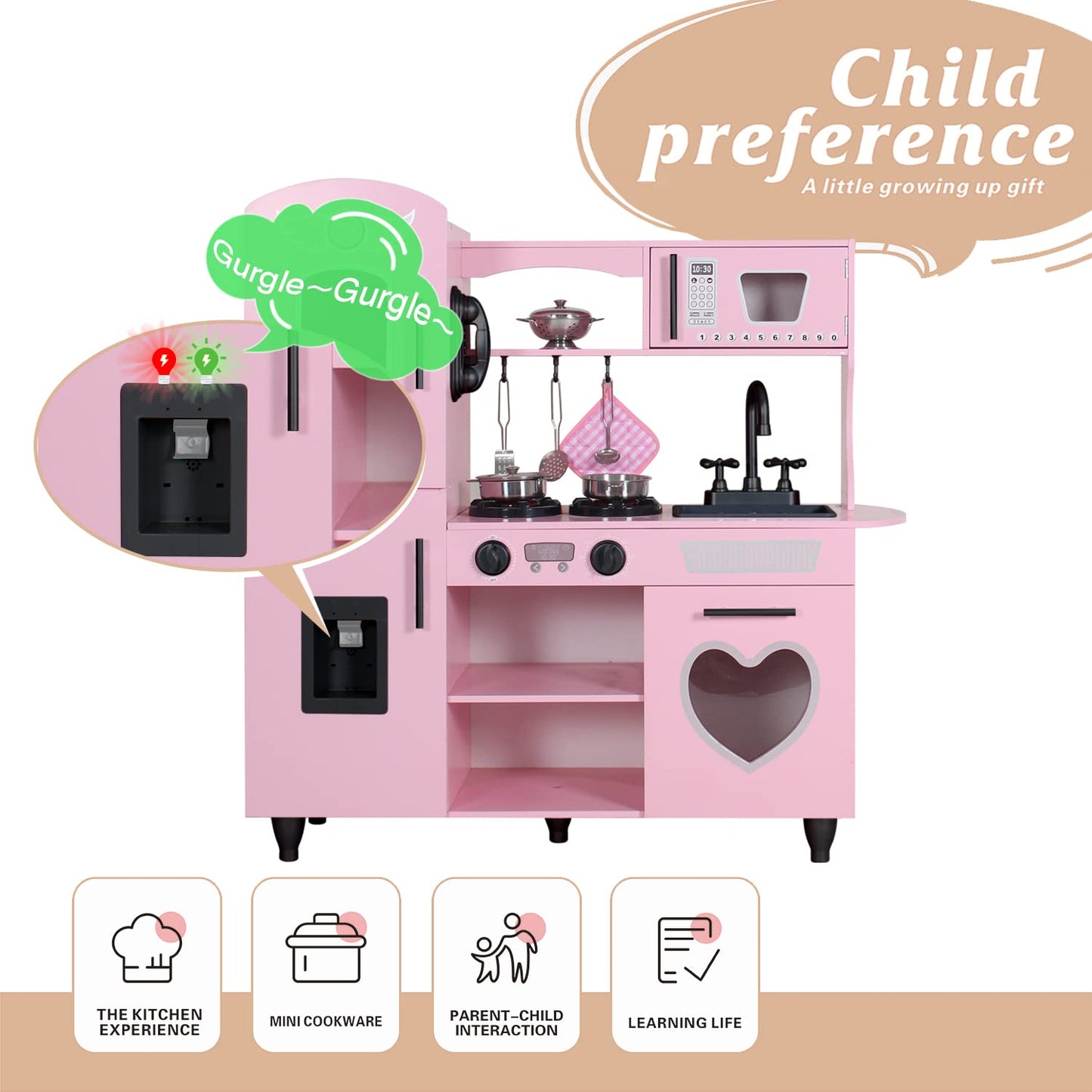 TaoHFE Play Kitchen Pink – Interactive Wooden Kitchen Set for Kids 3+ (Lights & Sounds)