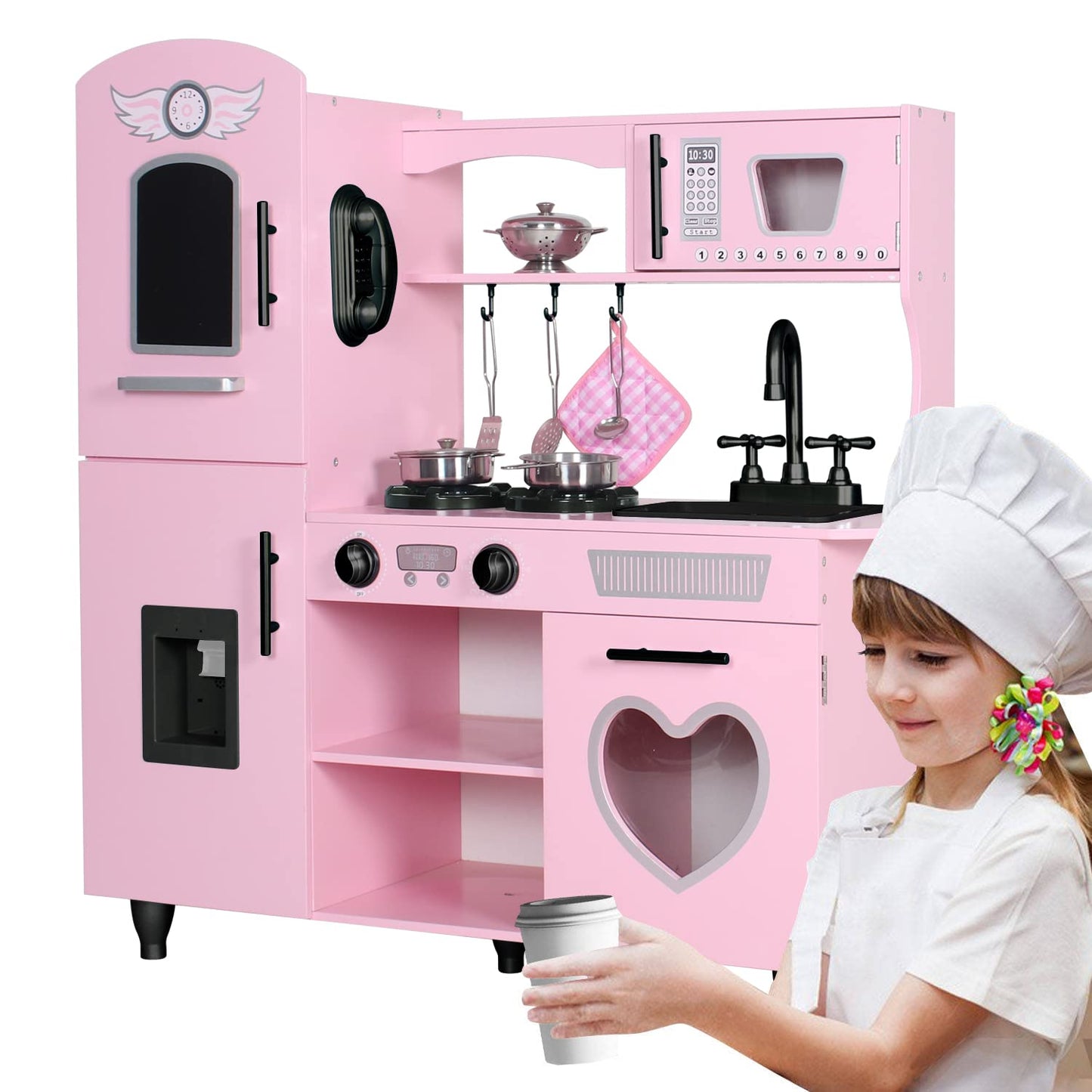 TaoHFE Play Kitchen Pink – Interactive Wooden Kitchen Set for Kids 3+ (Lights & Sounds)