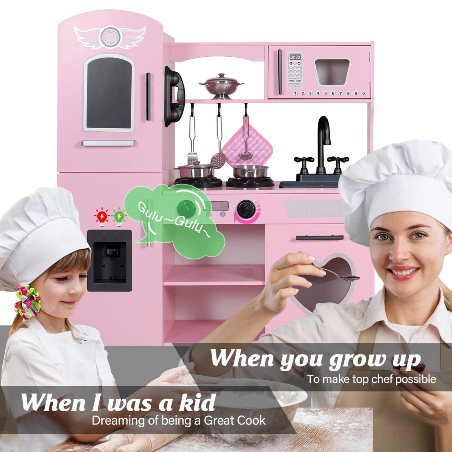 TaoHFE Play Kitchen Pink – Interactive Wooden Kitchen Set for Kids 3+ (Lights & Sounds)