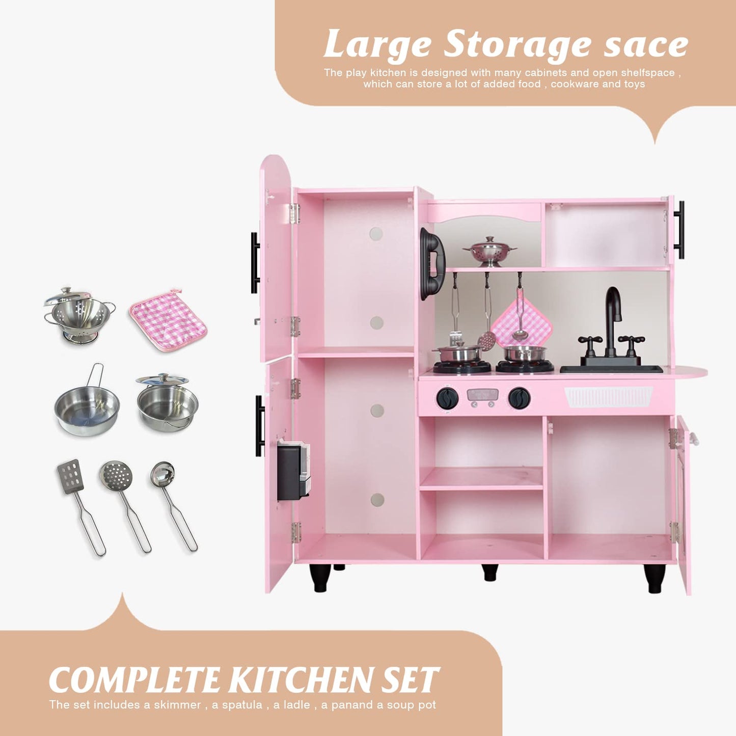 TaoHFE Play Kitchen Pink – Interactive Wooden Kitchen Set for Kids 3+ (Lights & Sounds)
