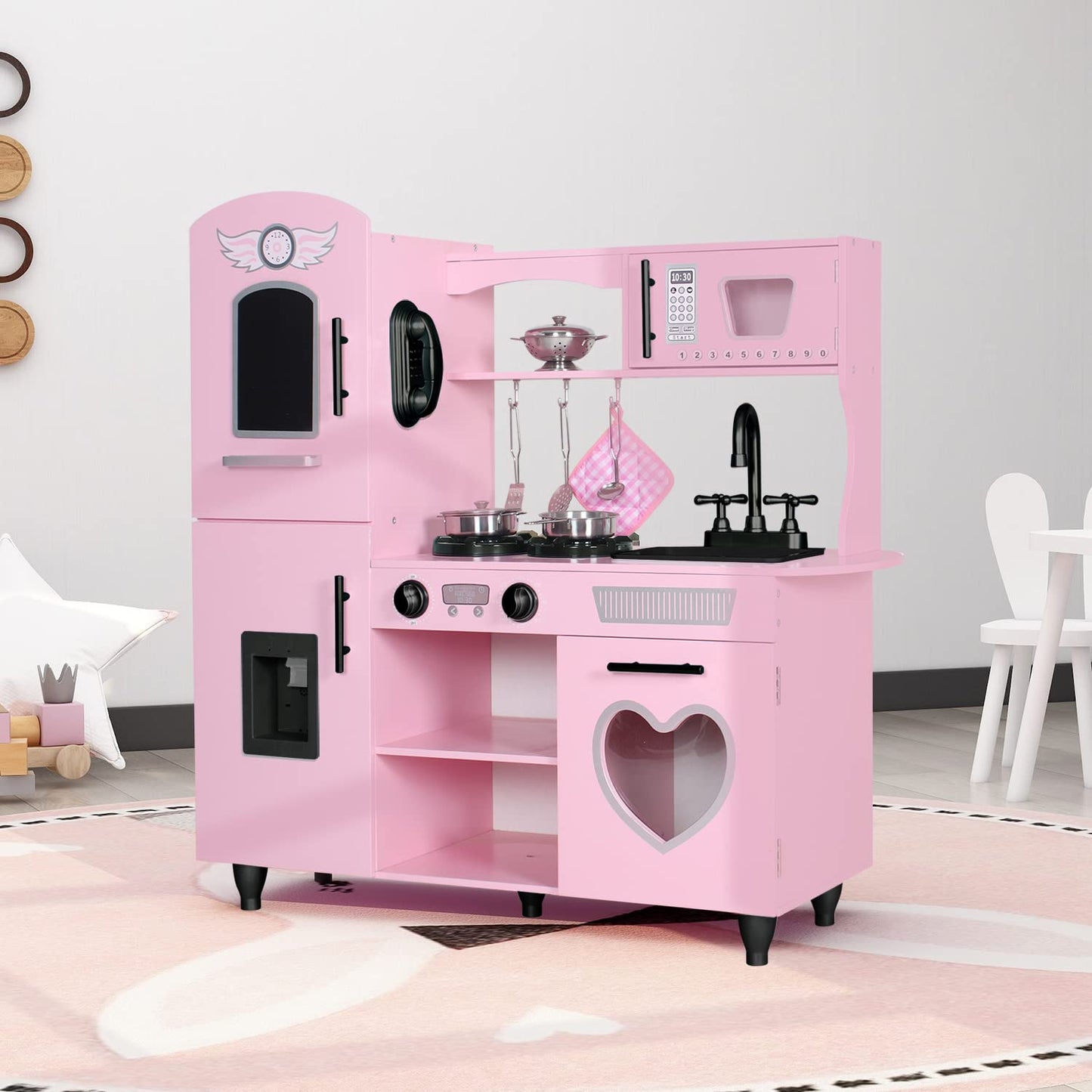 TaoHFE Play Kitchen Pink – Interactive Wooden Kitchen Set for Kids 3+ (Lights & Sounds)