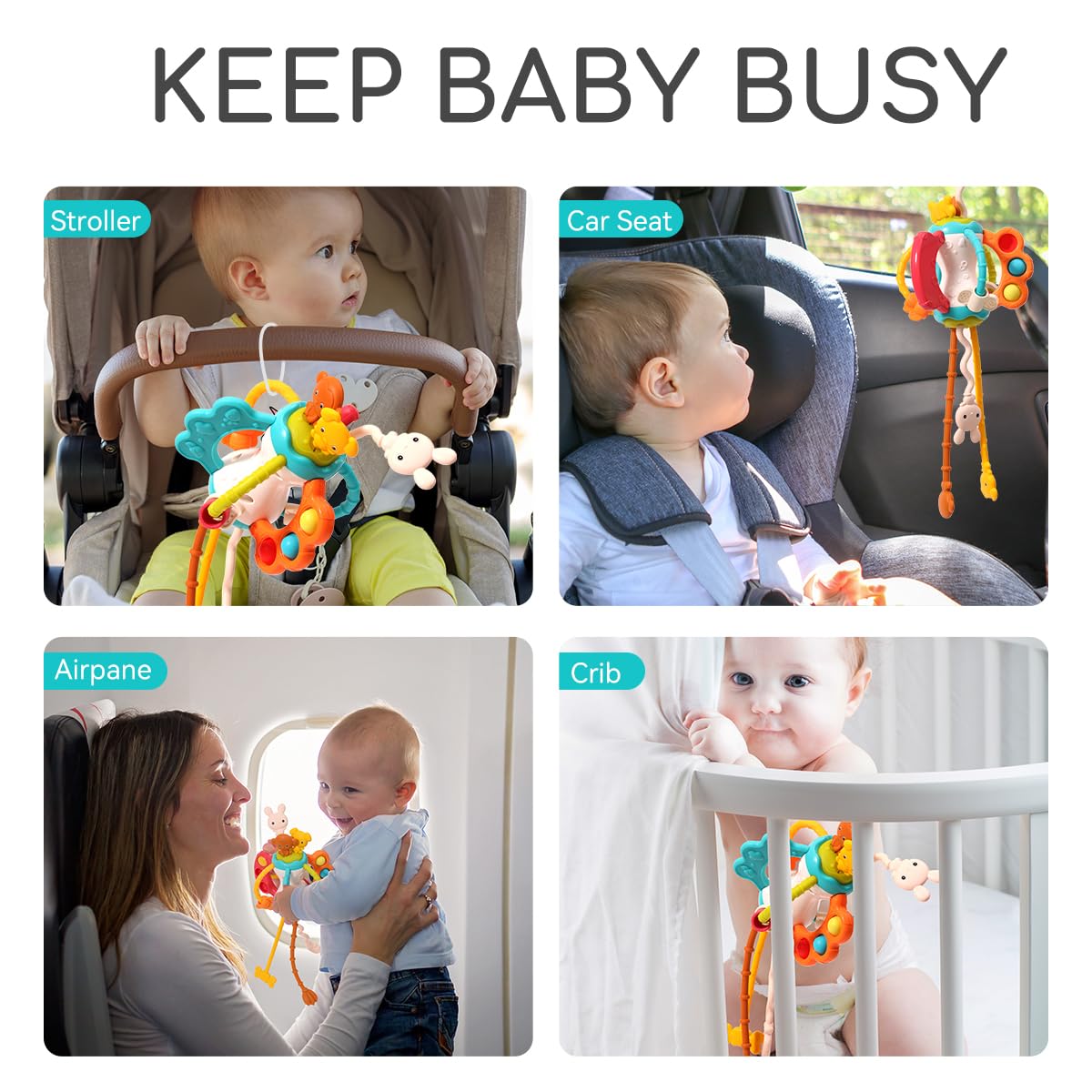 taotaotoys Toddler Airplane Travel Toy – Montessori Sensory Silicone Pull String for Babies 6-12 Months