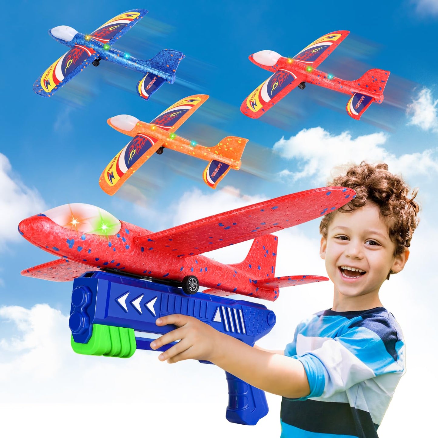 TAOTENDAR 3-Pack Airplane Launcher Toys – LED Foam Gliders with 2 Flight Modes for Outdoor Play