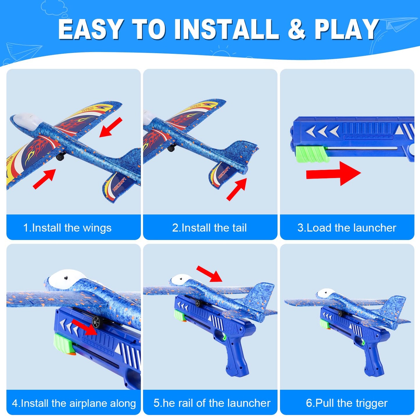 TAOTENDAR 3-Pack Airplane Launcher Toys – LED Foam Gliders with 2 Flight Modes for Outdoor Play