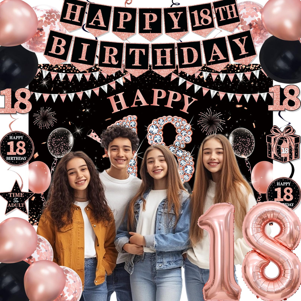 TAOTOSUNE 18th Birthday Decorations for Girls - Rose Gold & Black Backdrop, 45-Piece Party Set