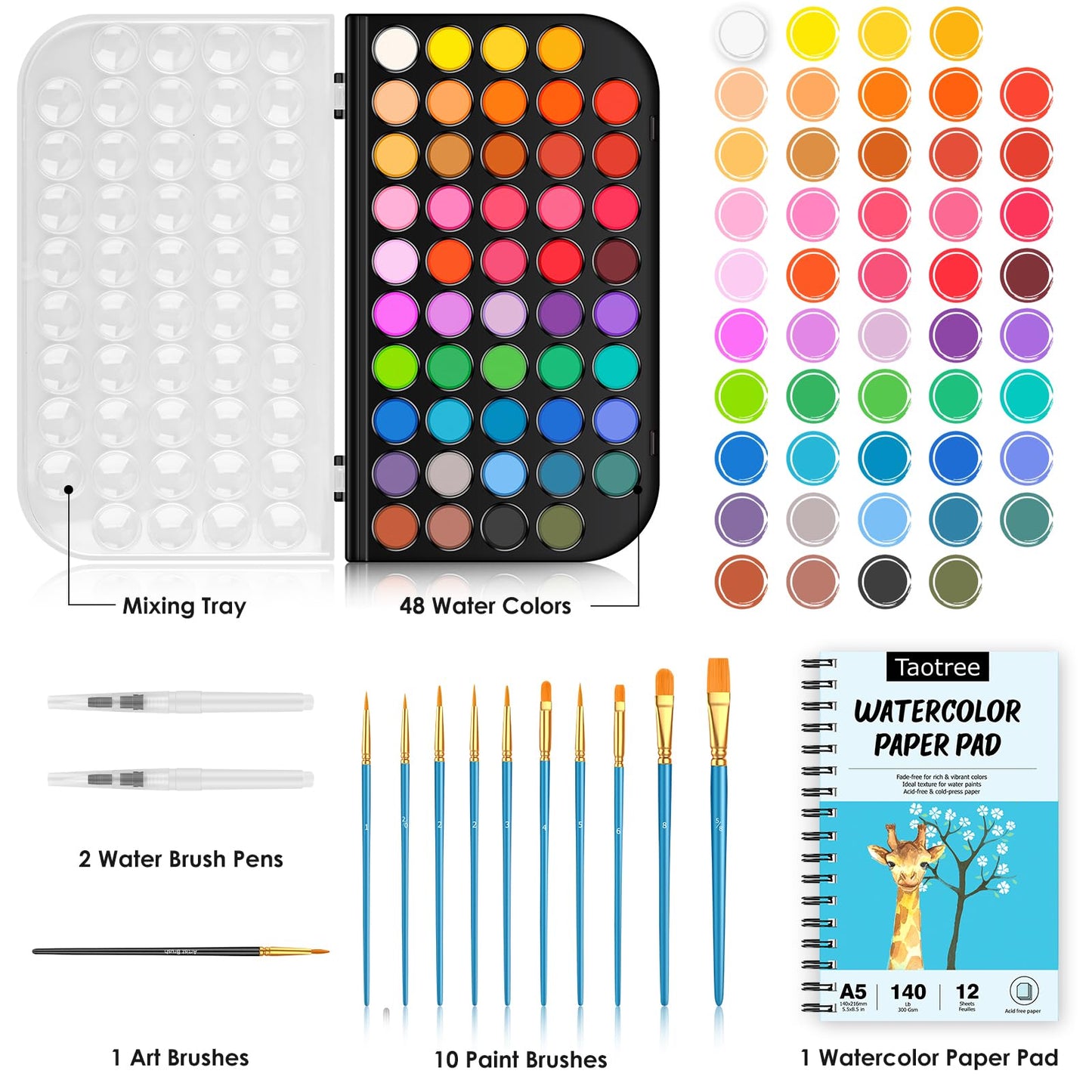 Taotree Watercolor Paint Set — 48 Colors with 10 Brushes, Pad, and Accessories