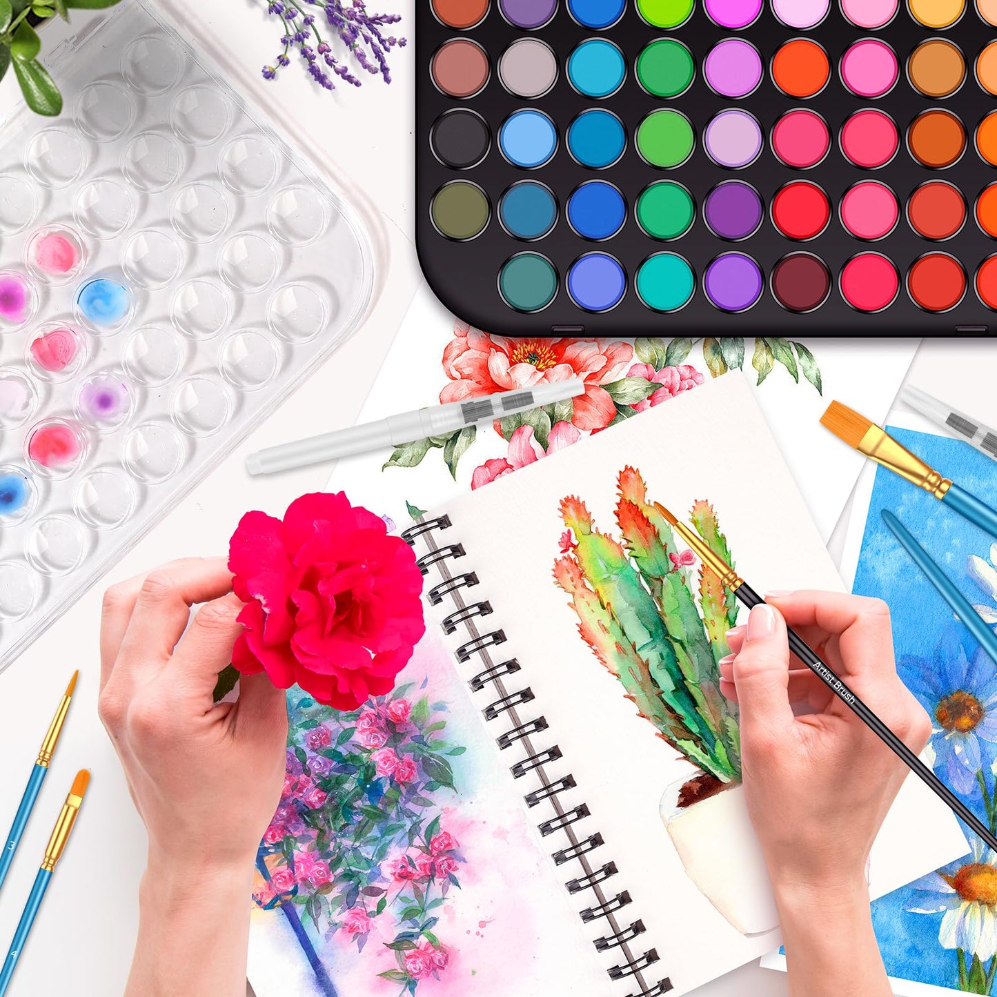 Taotree Watercolor Paint Set — 48 Colors with 10 Brushes, Pad, and Accessories