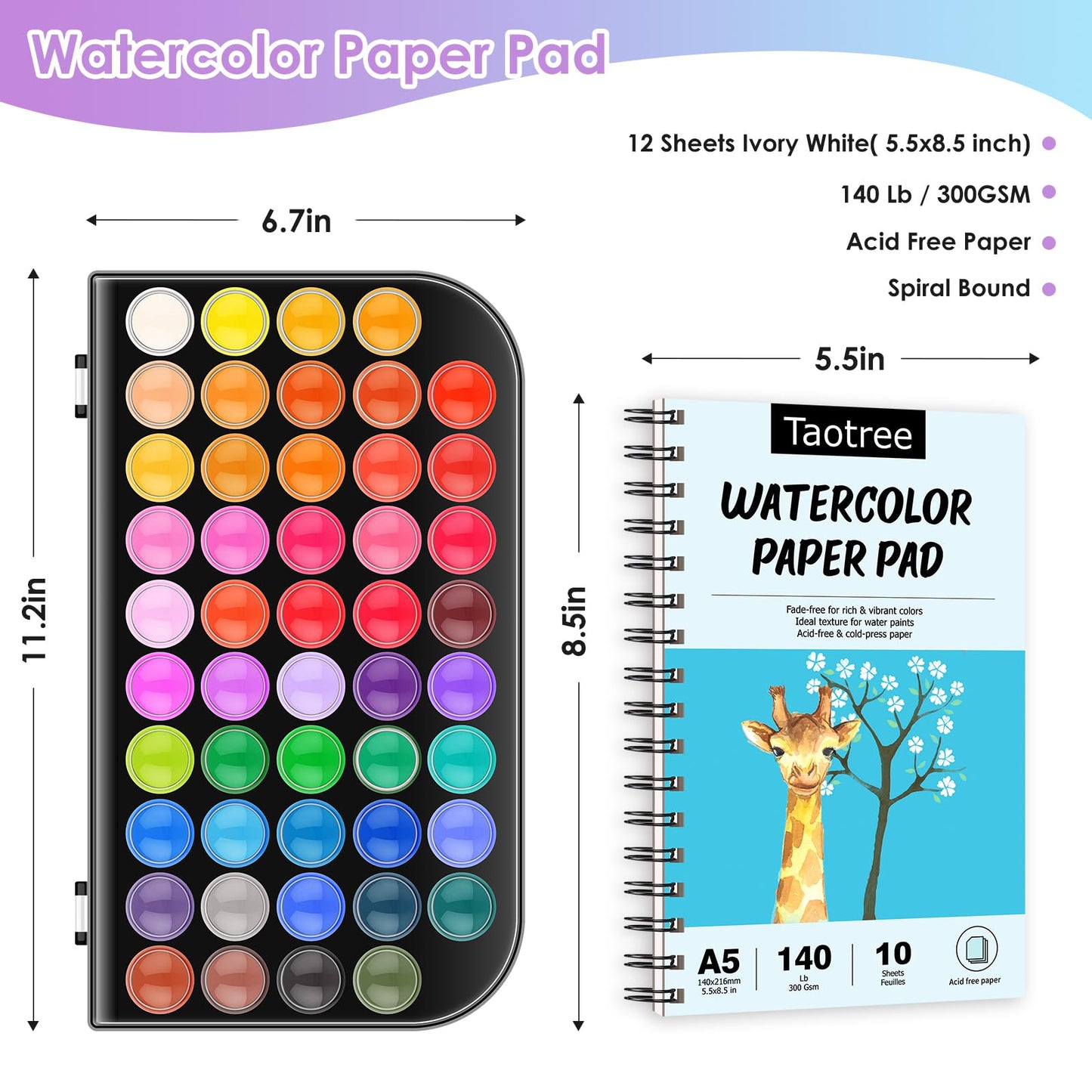 Taotree Watercolor Paint Set — 48 Colors with 10 Brushes, Pad, and Accessories