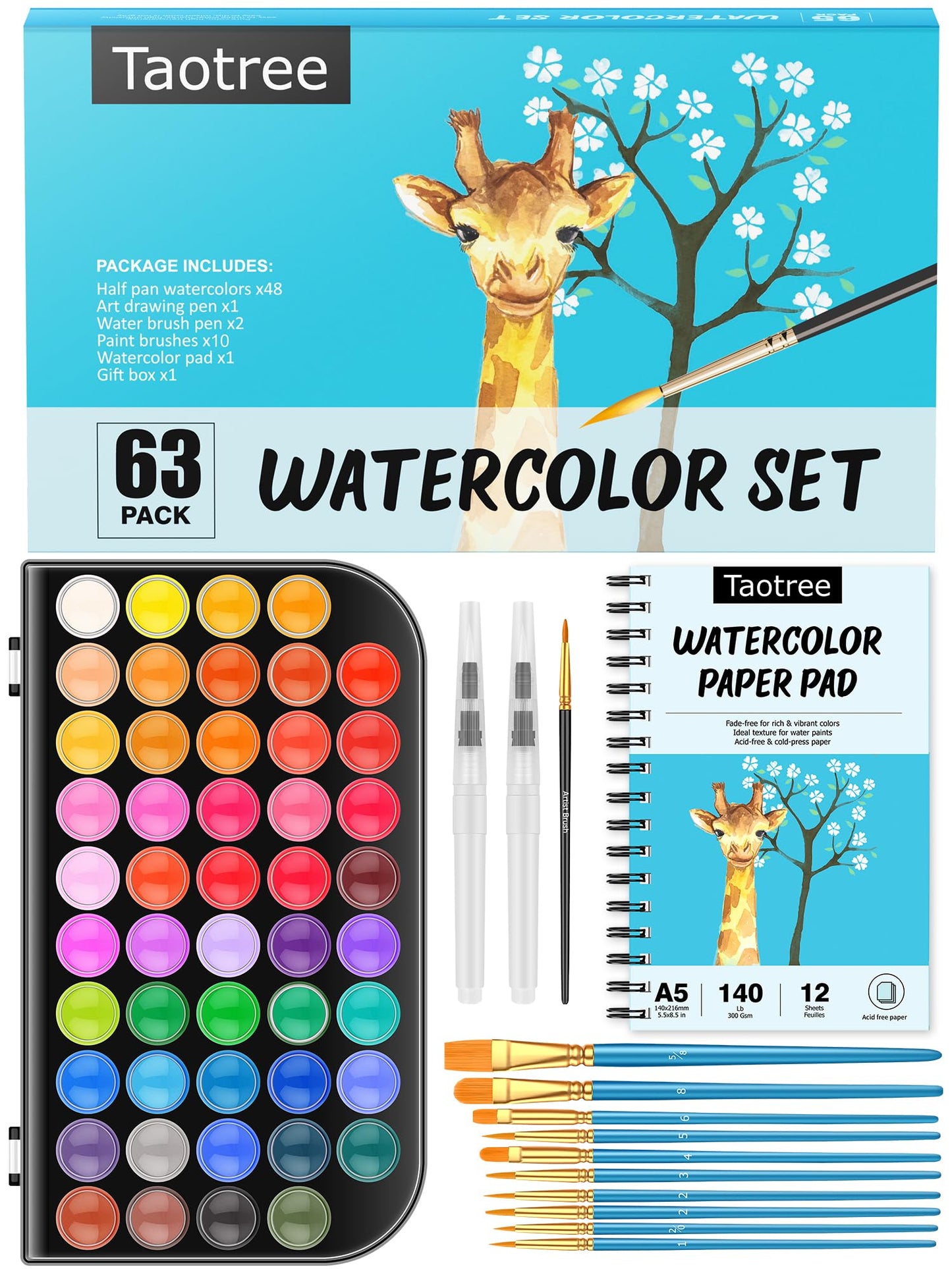Taotree Watercolor Paint Set — 48 Colors with 10 Brushes, Pad, and Accessories