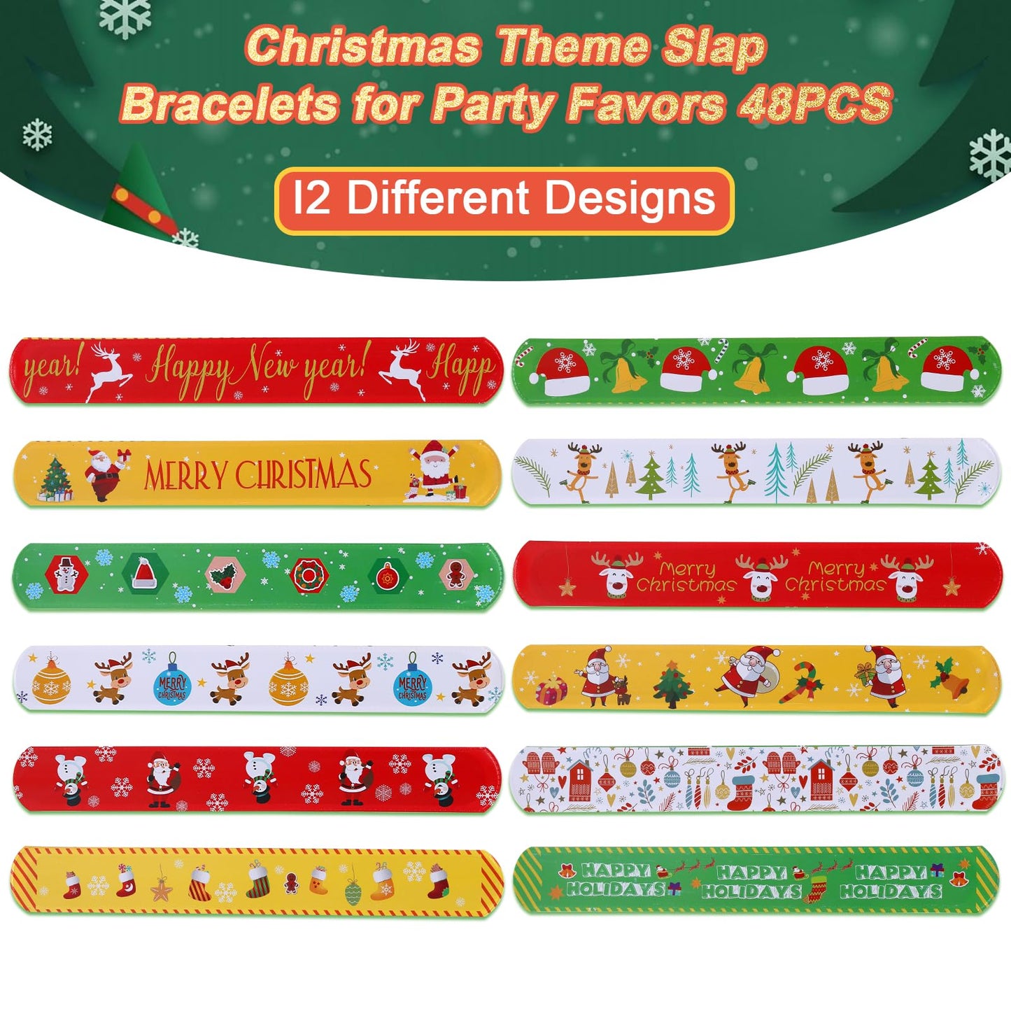 TAOVEN 48PCS Christmas Slap Bracelets – Festive Party Favors in 12 Styles