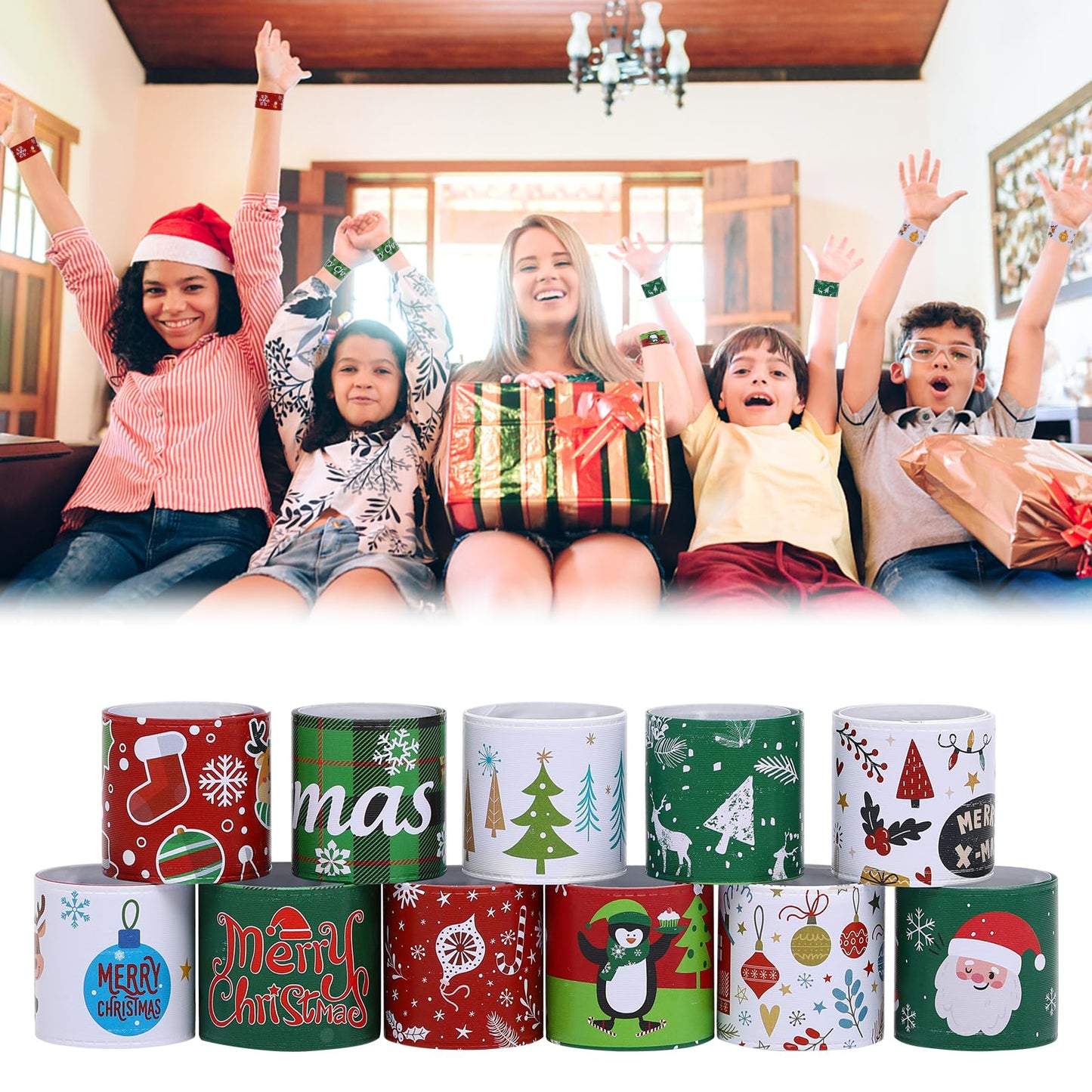 TAOVEN 48PCS Christmas Slap Bracelets – 12 Styles for Party Favors (Green, White, Red)