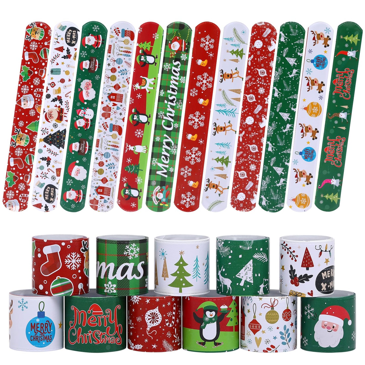 TAOVEN 48PCS Christmas Slap Bracelets – 12 Styles for Party Favors (Green, White, Red)