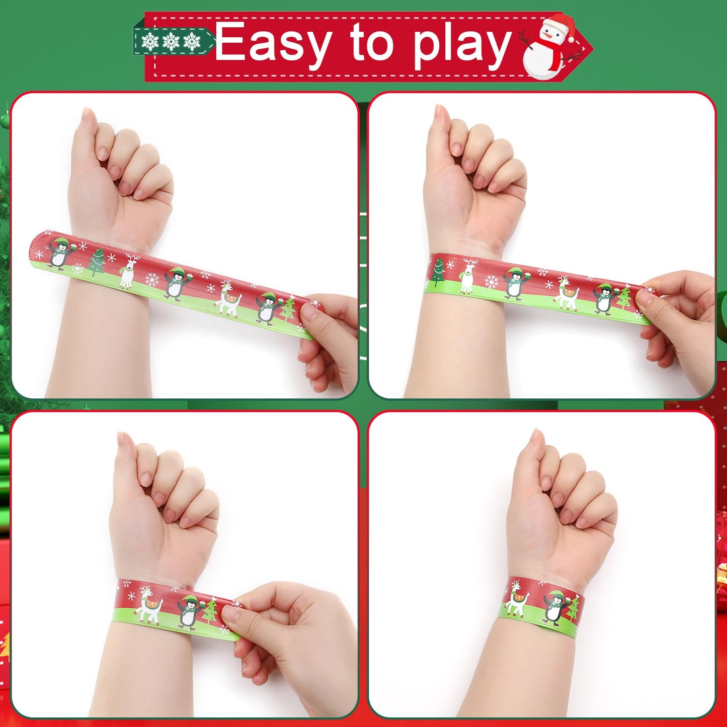 TAOVEN 48PCS Christmas Slap Bracelets – 12 Styles for Party Favors (Green, White, Red)