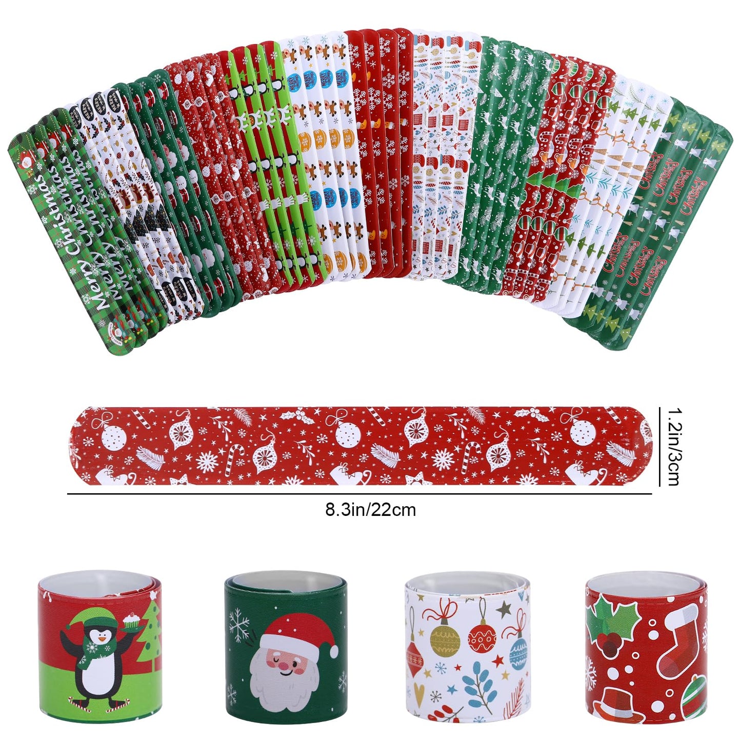 TAOVEN 48PCS Christmas Slap Bracelets – 12 Styles for Party Favors (Green, White, Red)