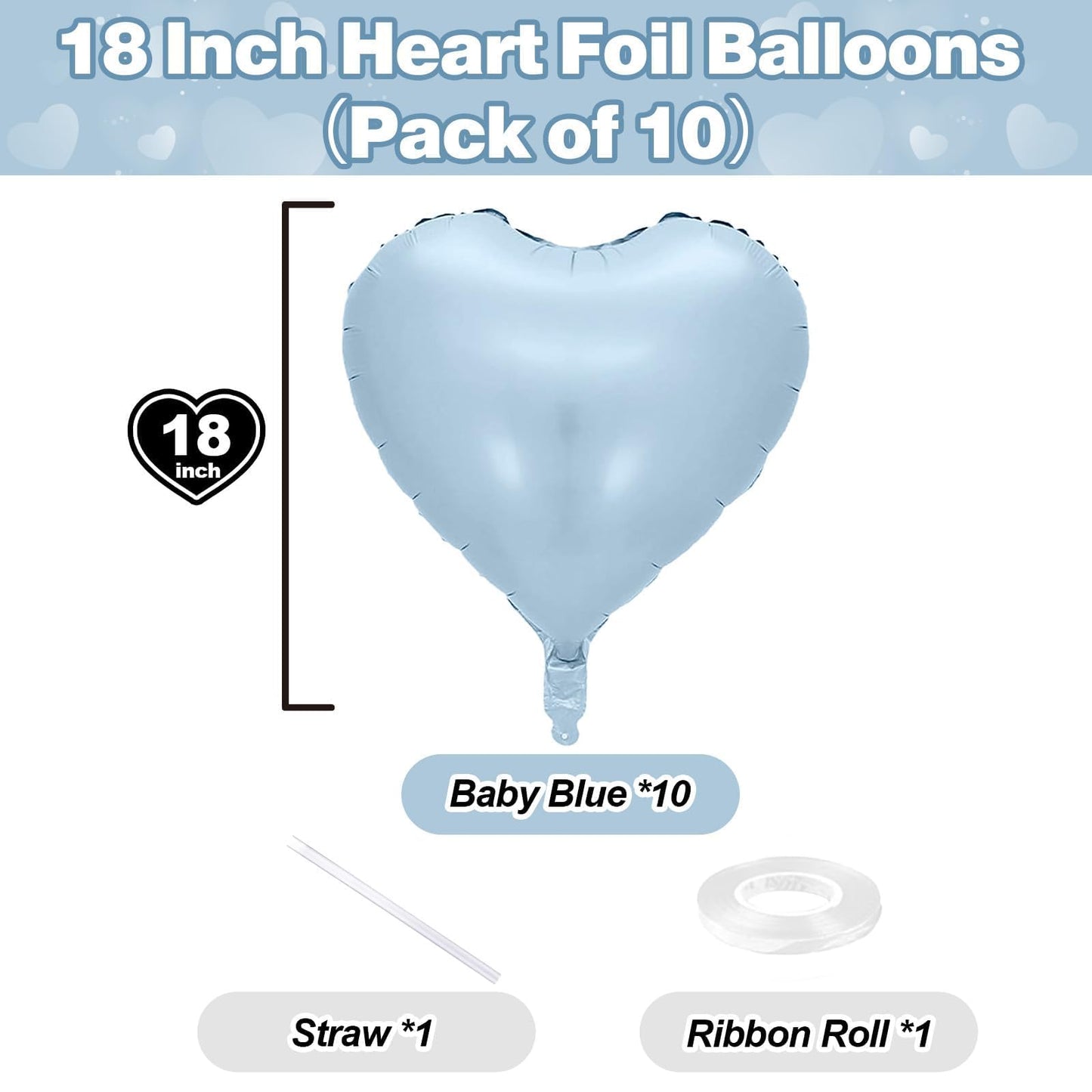 TAOYE Baby Blue Heart Foil Balloons – 18in 10-Pack for Birthday, Baby Shower & More