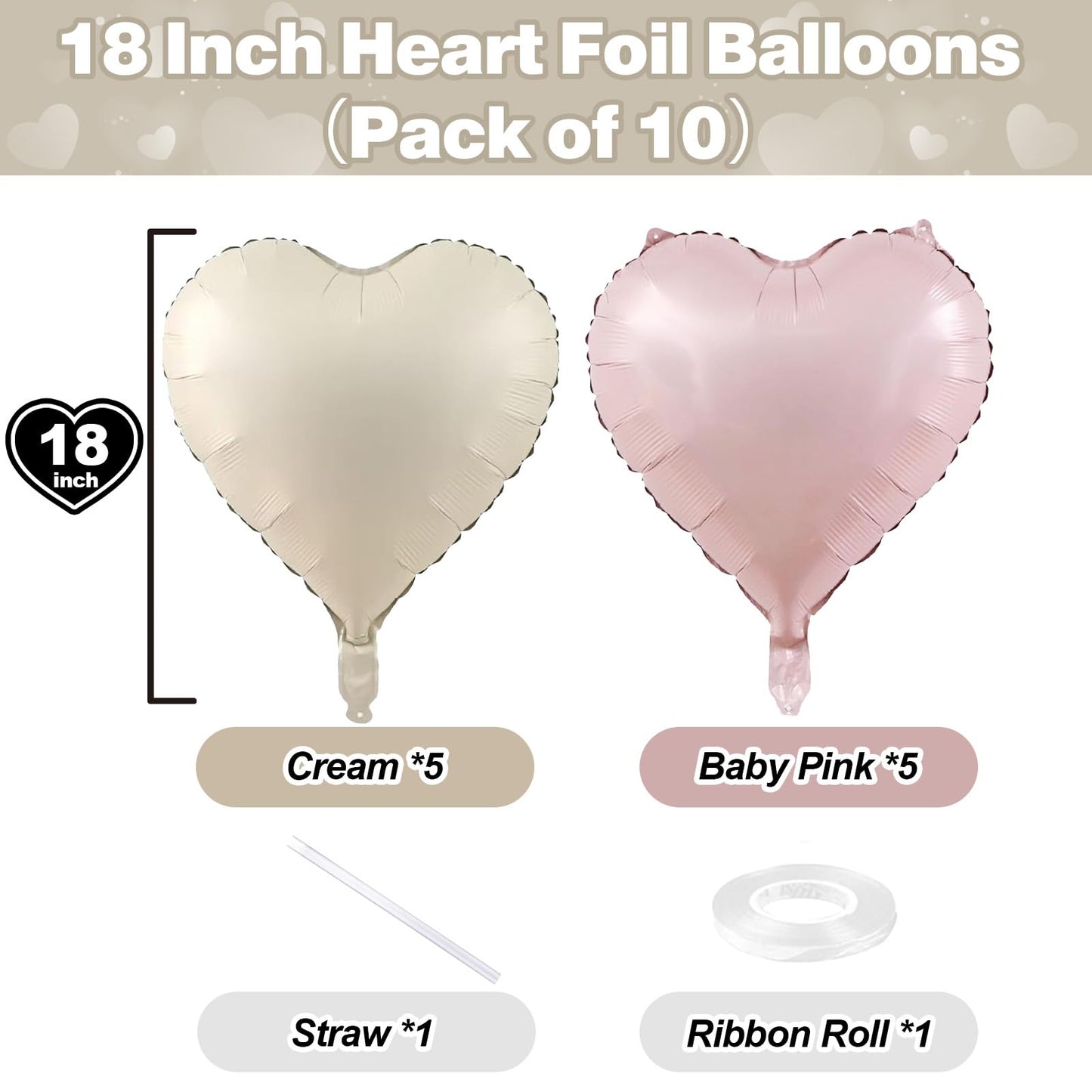 TAOYE Pink & Cream 18-Inch Heart Balloons - 10-Pack Foil Mylar for Boho Birthday, Baby Shower, Valentines