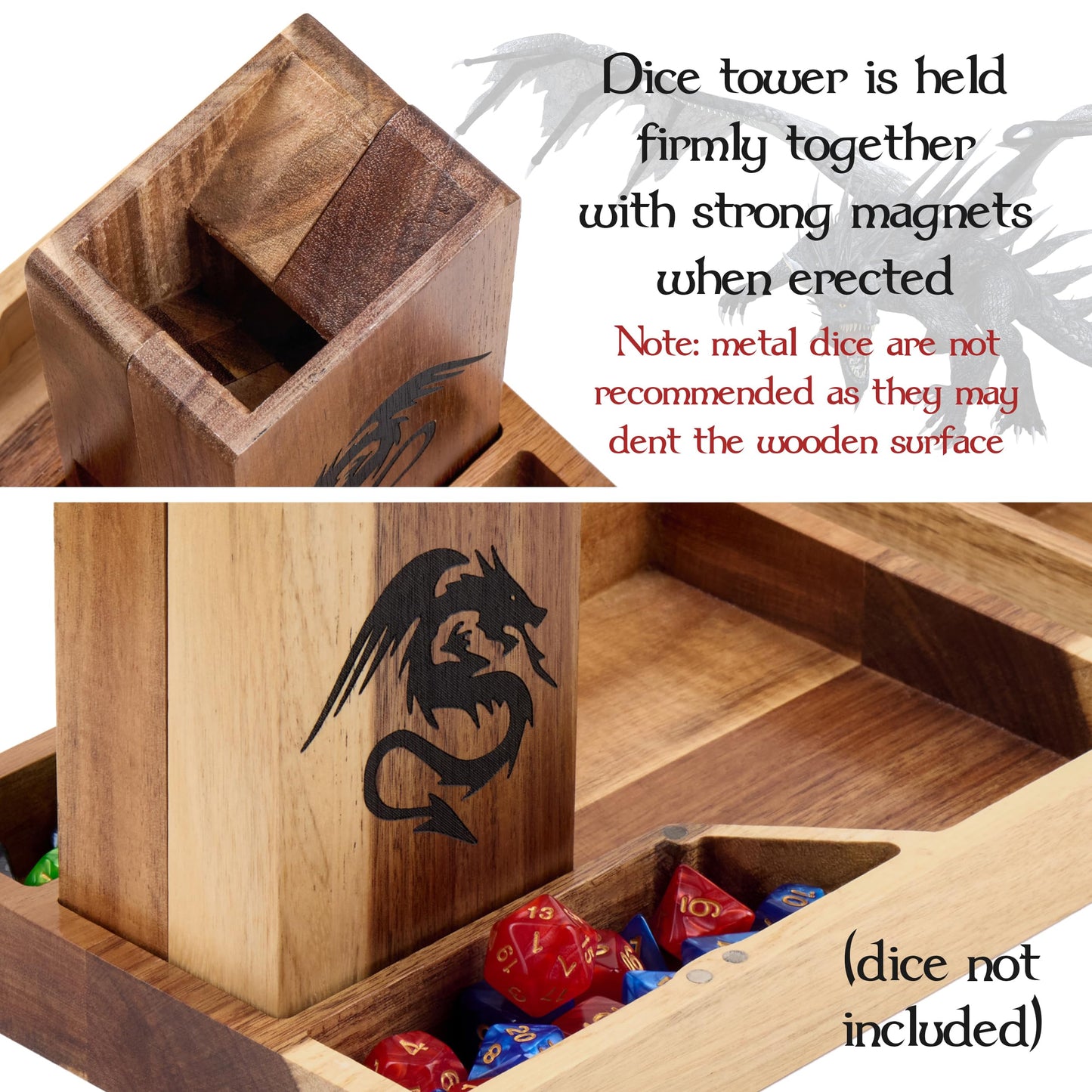 Tapeera Wooden Magnetic Dice Tower with Tray – Portable D&D Dice Roller