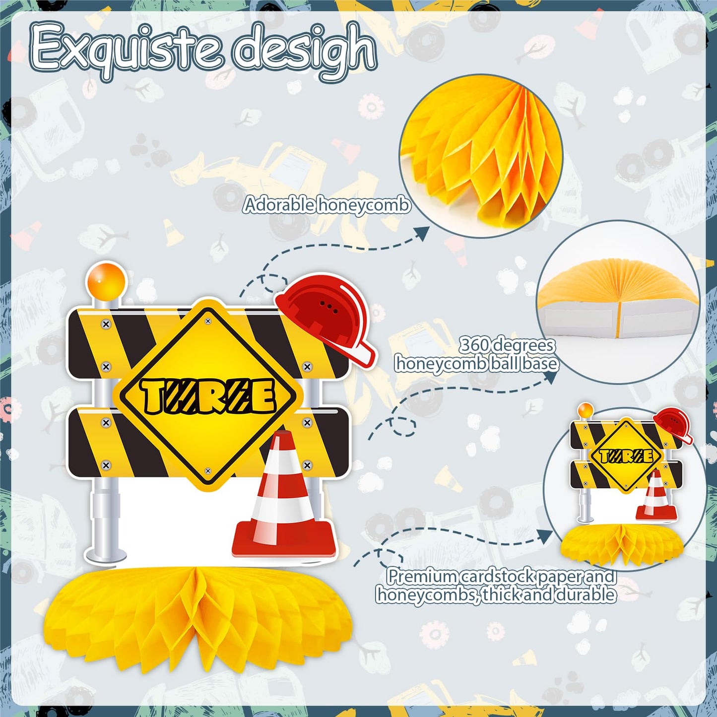 Tarklanda 10Pcs Construction Honeycomb Centerpieces – 3rd Birthday Party Decor (Dump Truck & Cone Theme)