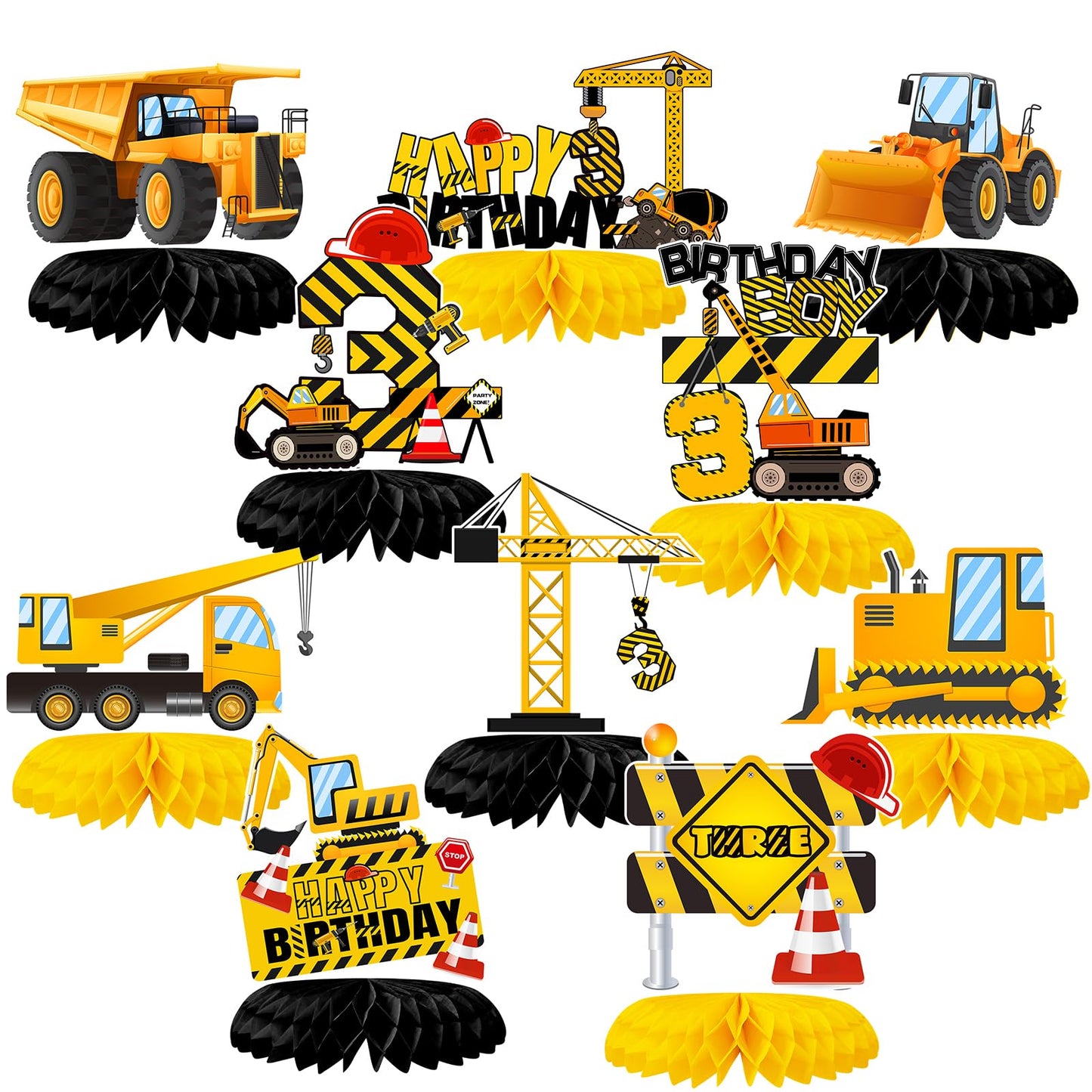 Tarklanda 10Pcs Construction Honeycomb Centerpieces – 3rd Birthday Party Decor (Dump Truck & Cone Theme)