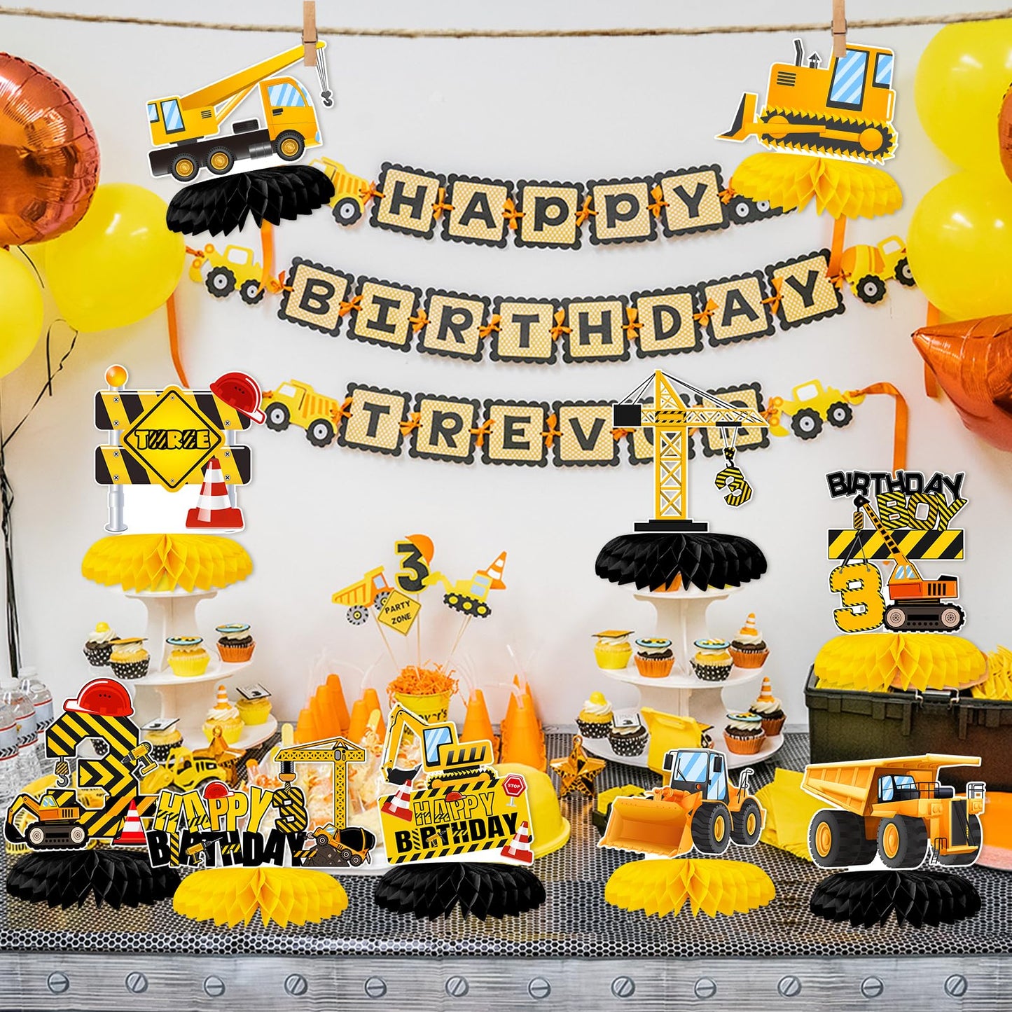 Tarklanda 10Pcs Construction Honeycomb Centerpieces – 3rd Birthday Party Decor (Dump Truck & Cone Theme)