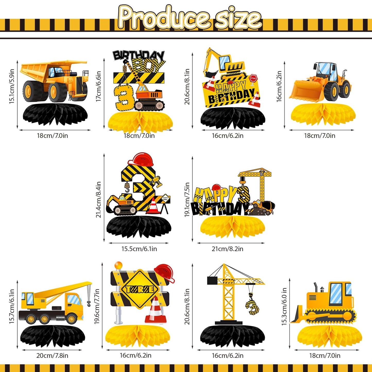 Tarklanda 10Pcs Construction Honeycomb Centerpieces – 3rd Birthday Party Decor (Dump Truck & Cone Theme)