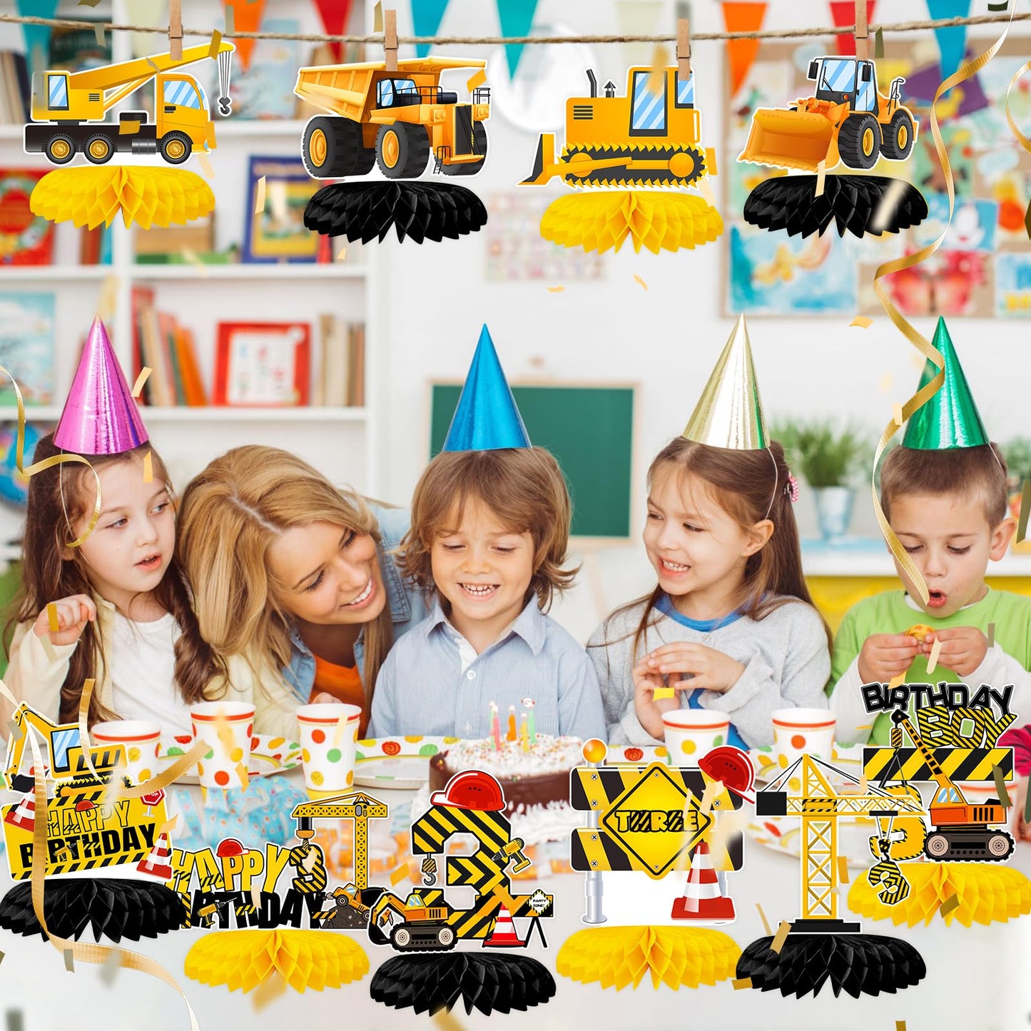 Tarklanda 10Pcs Construction Honeycomb Centerpieces – 3rd Birthday Party Decor (Dump Truck & Cone Theme)