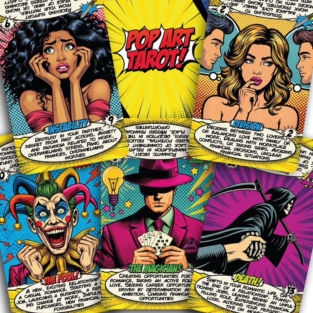 Tarotika Pop Art Tarot Deck – 78 Cards with Meanings, Magnetic Box, 400 GSM, Beginner Guide