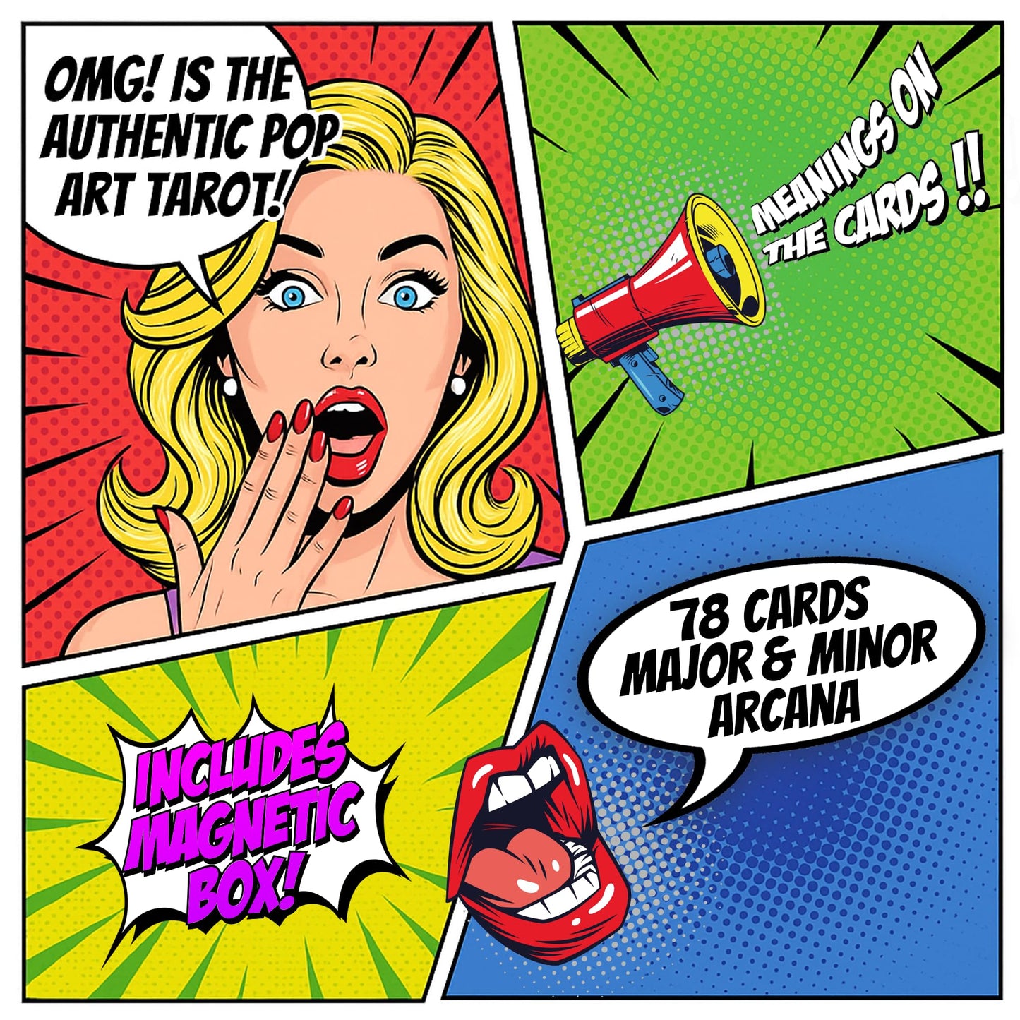 Tarotika Pop Art Tarot Deck – 78 Cards with Meanings, Magnetic Box, 400 GSM, Beginner Guide