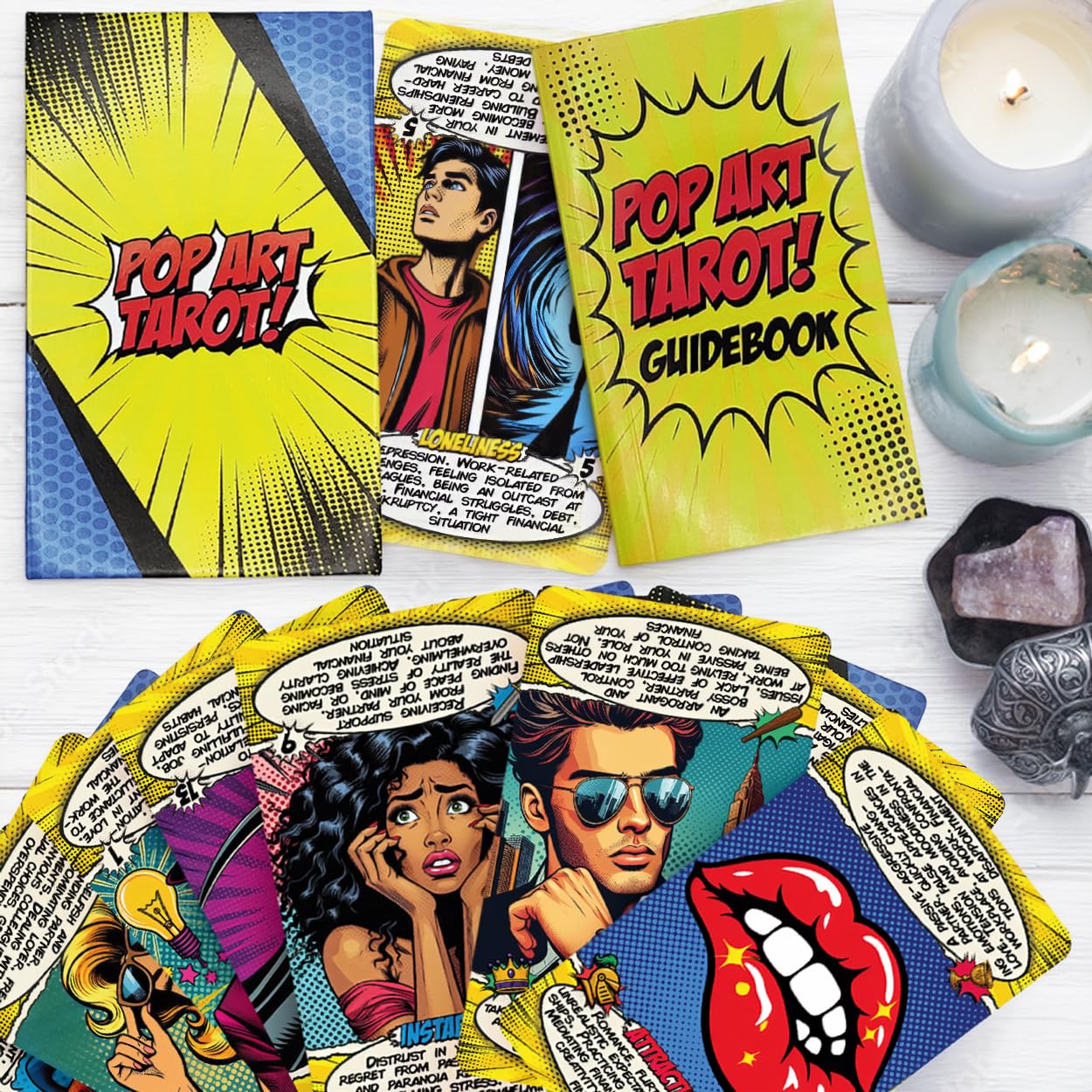 Tarotika Pop Art Tarot Deck – 78 Cards with Meanings, Magnetic Box, 400 GSM, Beginner Guide