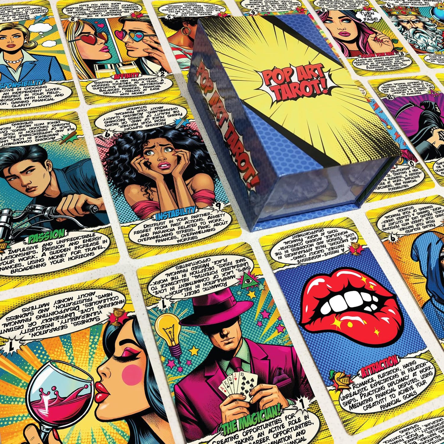 Tarotika Pop Art Tarot Deck – 78 Cards with Meanings, Magnetic Box, 400 GSM, Beginner Guide