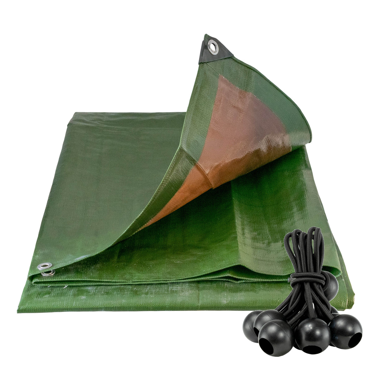 Green/Brown L-Grade Tarpaulin with 10 x 4" Bungee Balls (Black)