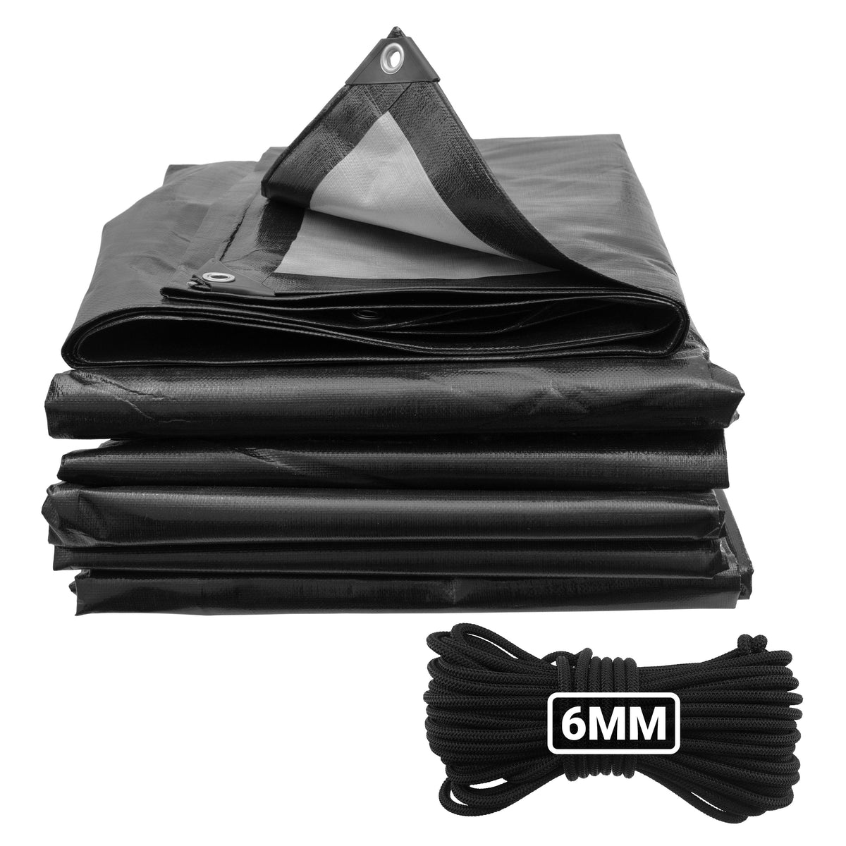 Black/Silver L-Grade Tarpaulin with 10 Metres of 6mm Bungee Rope
