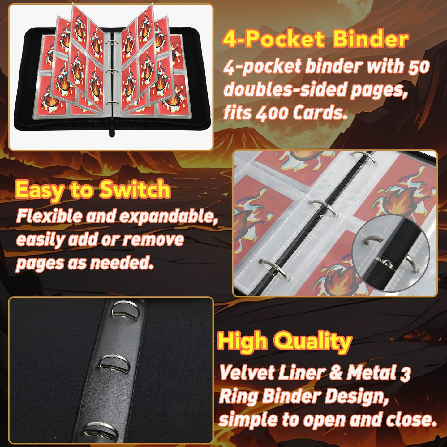 Tarvolkenz Card Binder 4-Pocket – Waterproof 3-Ring Album for 400 Cards