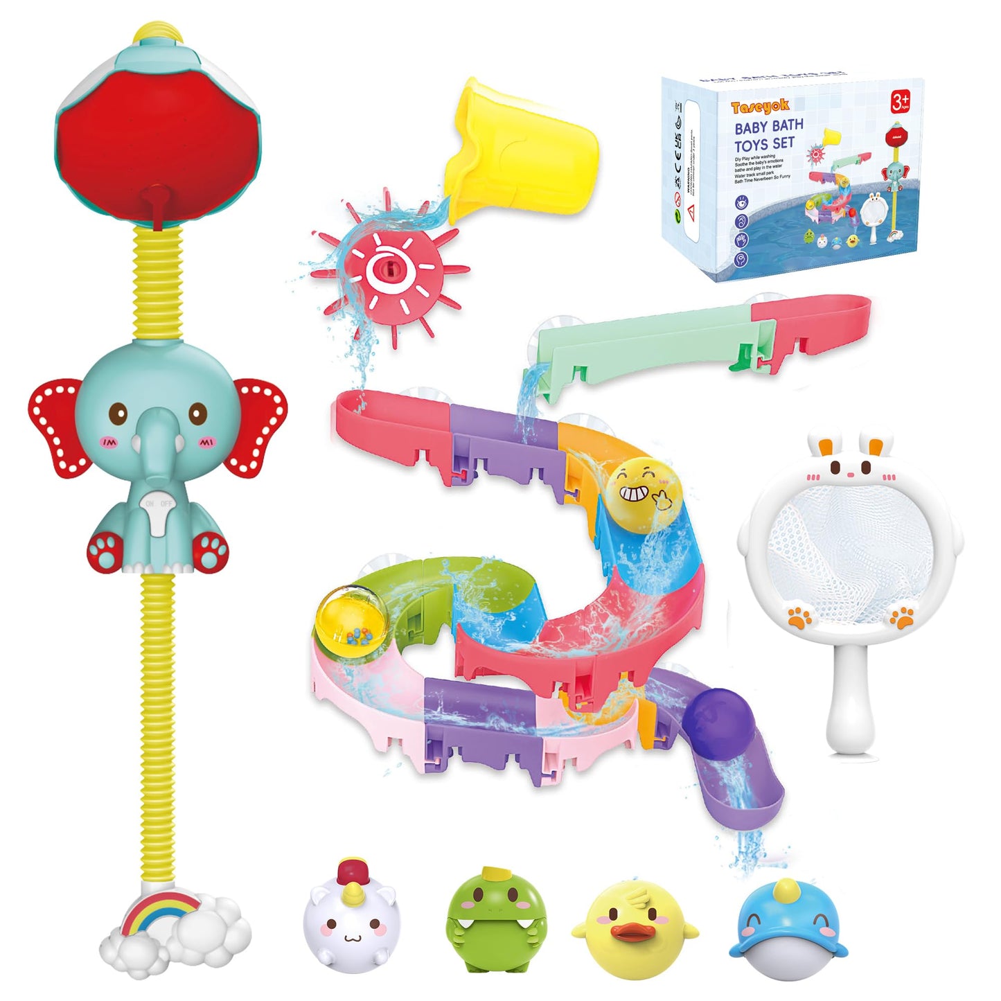 taseyok Toddler Bath Toys Set | Elephant Shower Head, Floating Animals & Slide Track