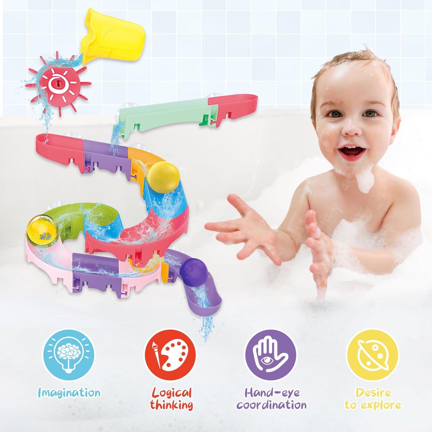 taseyok Toddler Bath Toys Set | Elephant Shower Head, Floating Animals & Slide Track