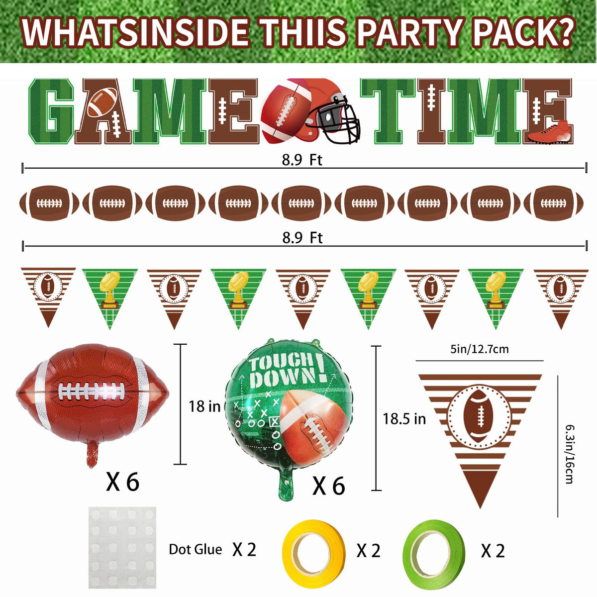 TATAUP Football Theme Party Kit – GAME TIME Banners, 12 Balloons, Tailgate Decor