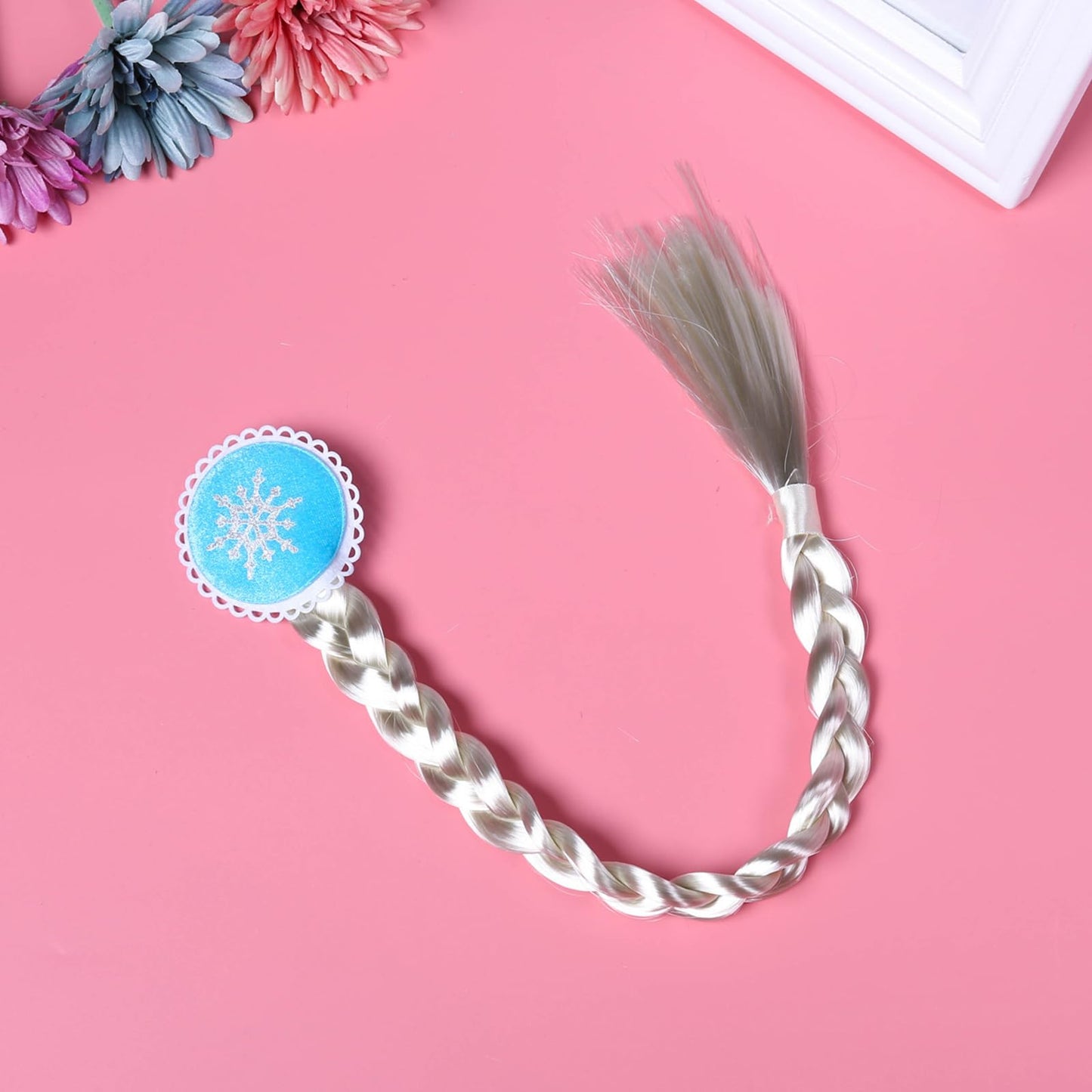 Tatibana Braided Wigs for Kids – 21.6 Inch Clip-On Silver & Red-Brown Braids with Snowflake Decor (2-Piece Set)