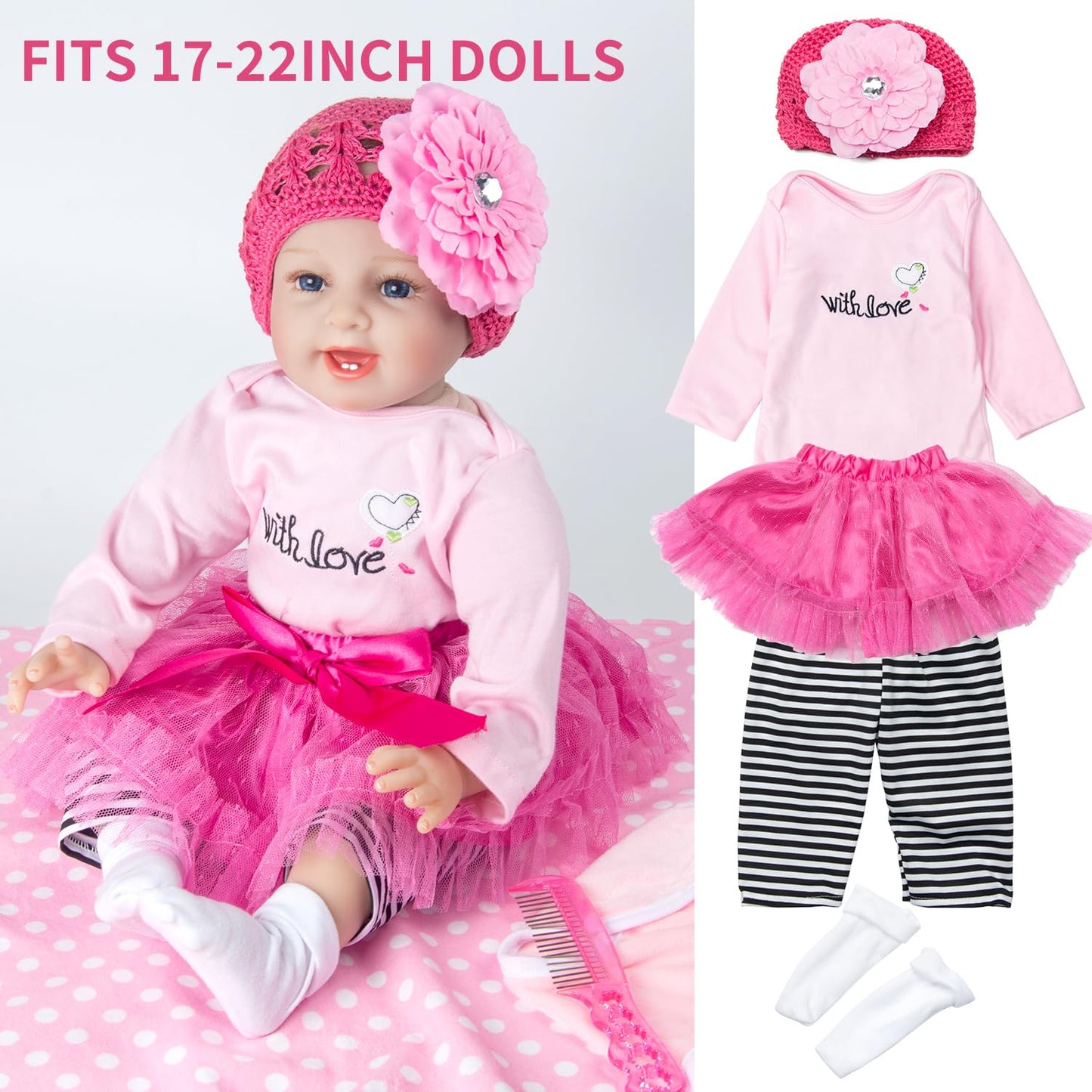 TatuDoll 9 Pcs Set for Reborn Dolls (17-22 in) – Pink Tutu Skirt & Butterfly Backpack