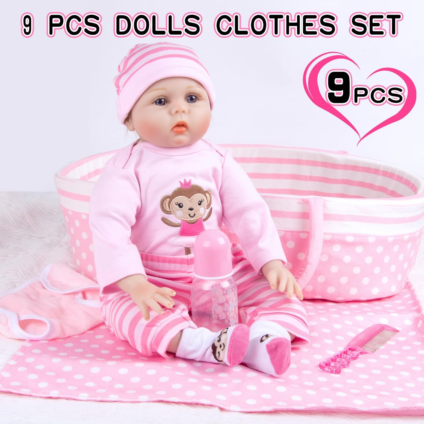 TatuDoll 9 Pcs Reborn Baby Doll Clothes Set with Pink Dot Bassinet for 17-22 Inch Dolls