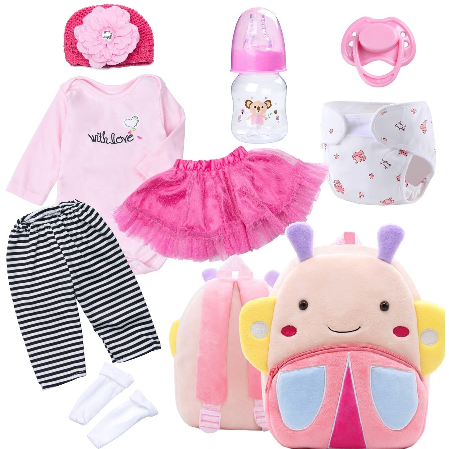 TatuDoll 9 Pcs Set for Reborn Dolls (17-22 in) – Pink Tutu Skirt & Butterfly Backpack
