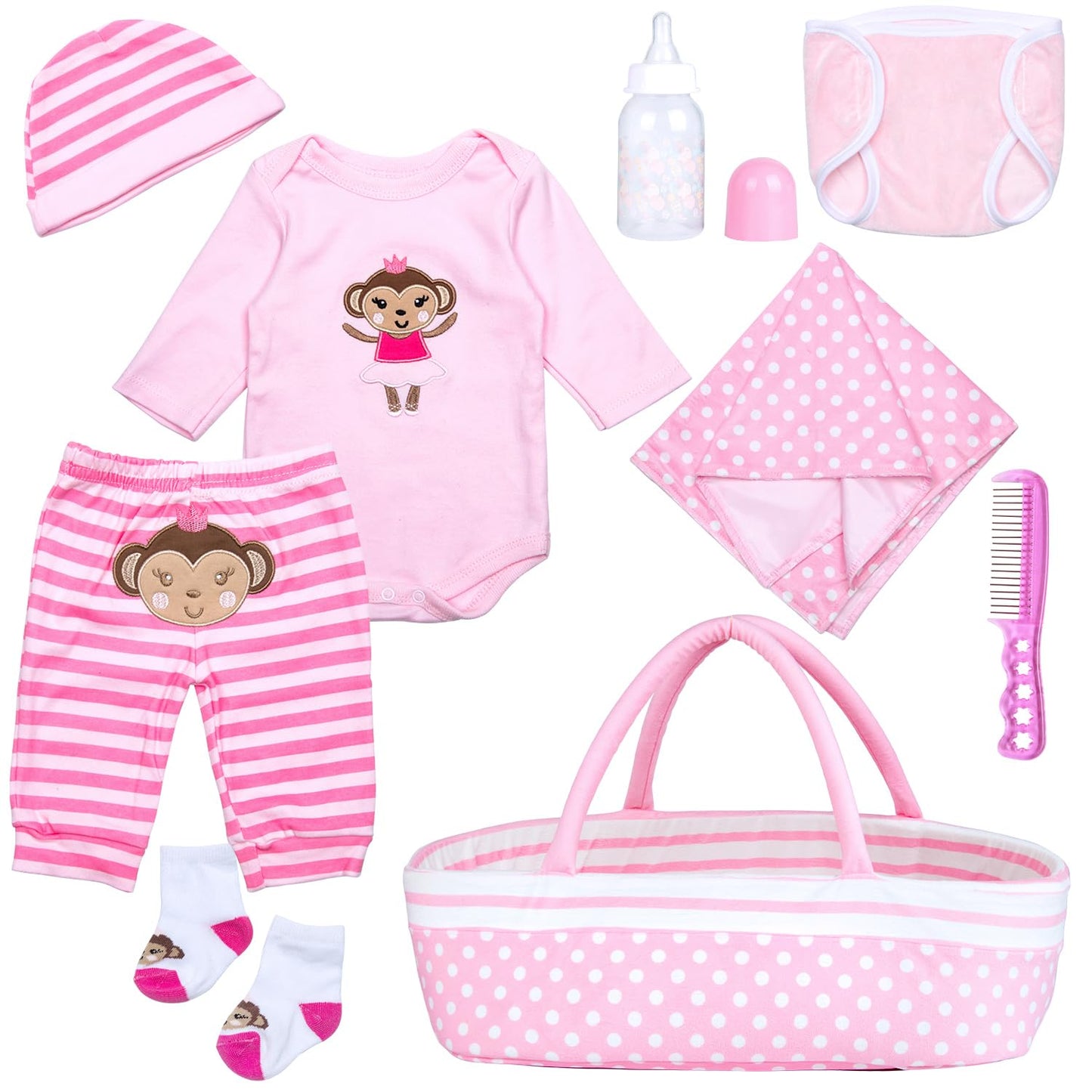 TatuDoll 9 Pcs Reborn Baby Doll Clothes Set with Pink Dot Bassinet for 17-22 Inch Dolls