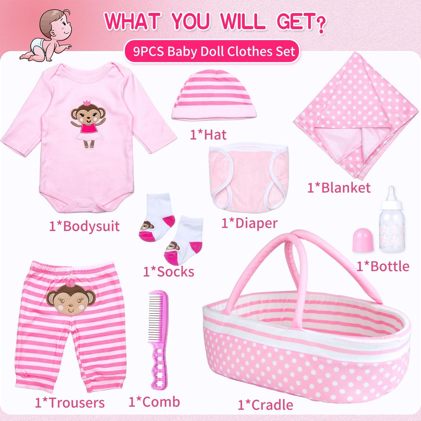 TatuDoll 9 Pcs Reborn Baby Doll Clothes Set with Pink Dot Bassinet for 17-22 Inch Dolls