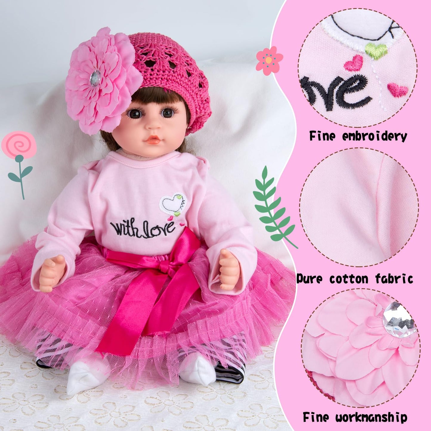 TatuDoll 9 Pcs Set for Reborn Dolls (17-22 in) – Pink Tutu Skirt & Butterfly Backpack