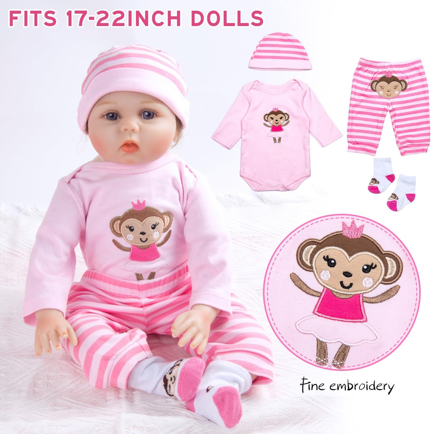 TatuDoll 9 Pcs Reborn Baby Doll Clothes Set with Pink Dot Bassinet for 17-22 Inch Dolls