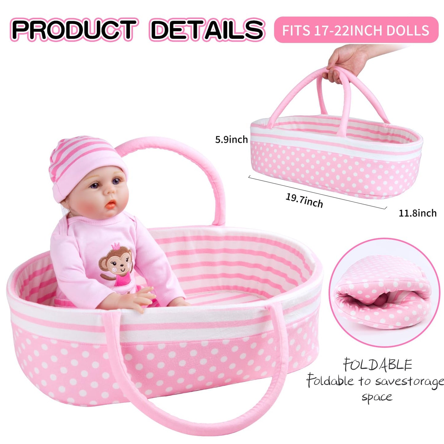 TatuDoll 9 Pcs Reborn Baby Doll Clothes Set with Pink Dot Bassinet for 17-22 Inch Dolls