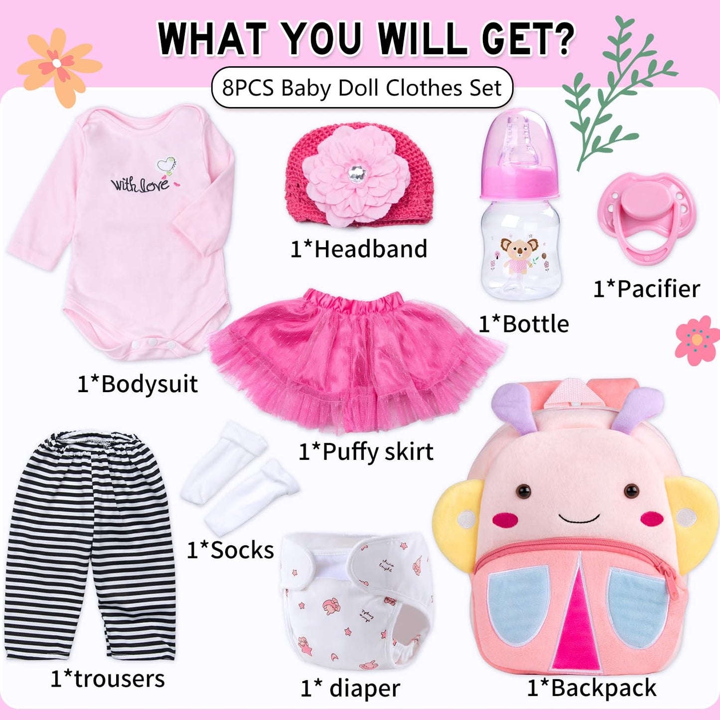 TatuDoll 9 Pcs Set for Reborn Dolls (17-22 in) – Pink Tutu Skirt & Butterfly Backpack