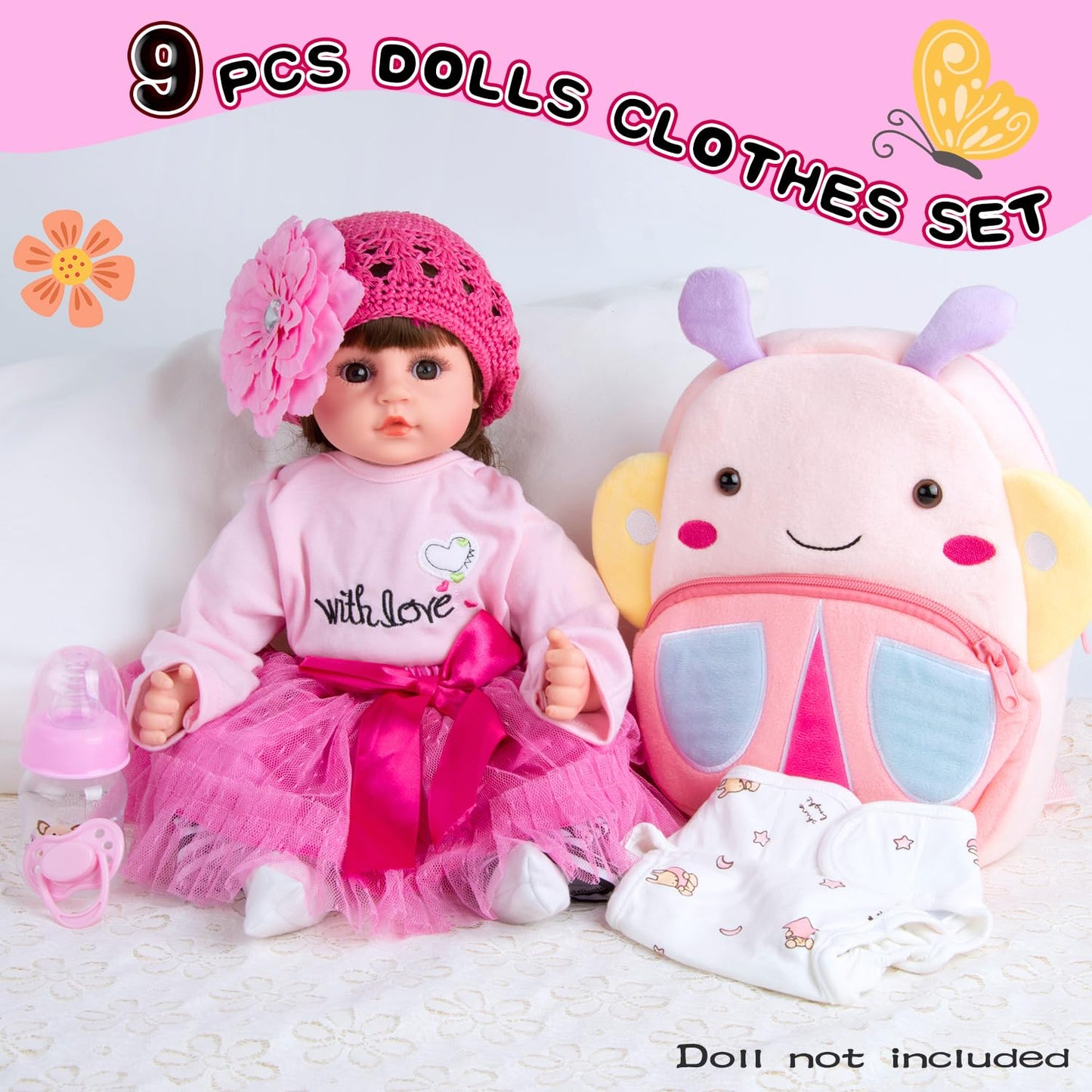 TatuDoll 9 Pcs Set for Reborn Dolls (17-22 in) – Pink Tutu Skirt & Butterfly Backpack