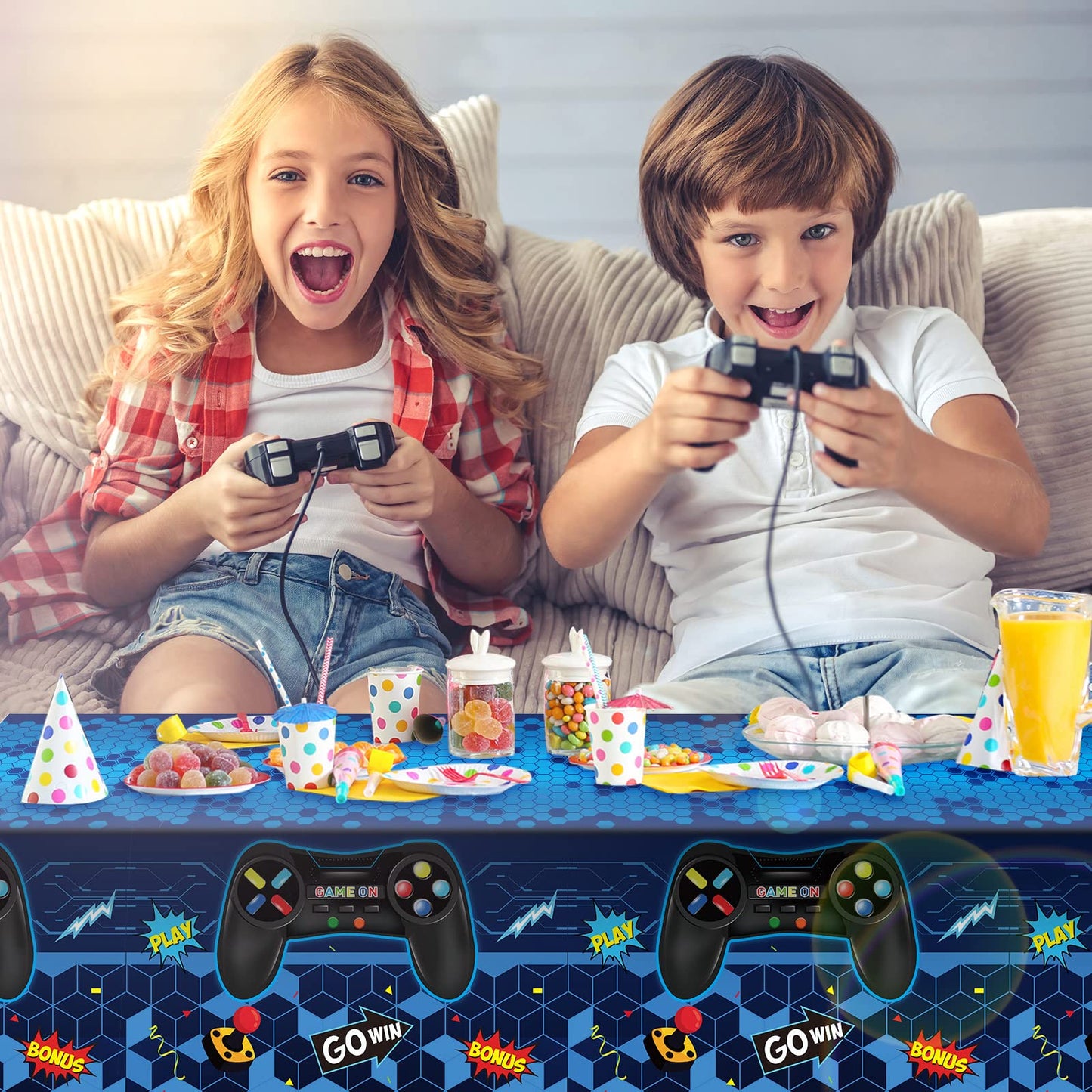 Tatuo 3-Pcs Video Game Table Cover – Blue, 54 x 108 in | Game Theme Birthday Party Decor